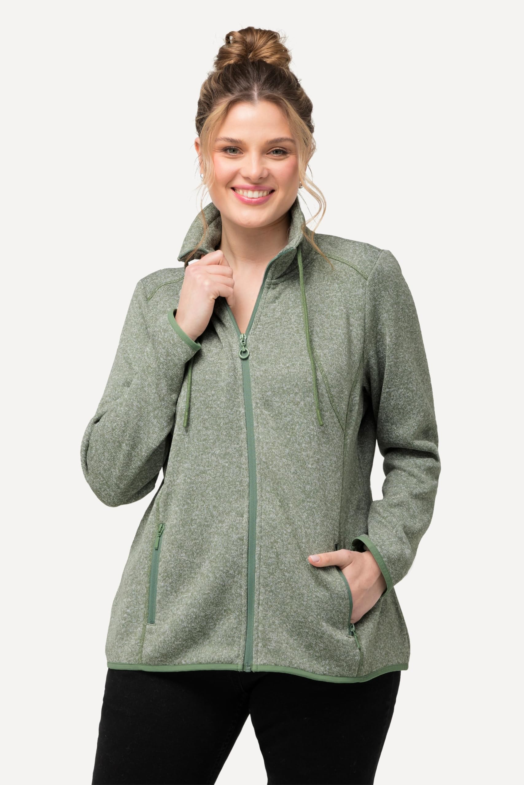 Ulla Popken Femme Grandes Tailles Veste en Maille Polaire, Motif chiné, col Montant et Poches zippées 832210