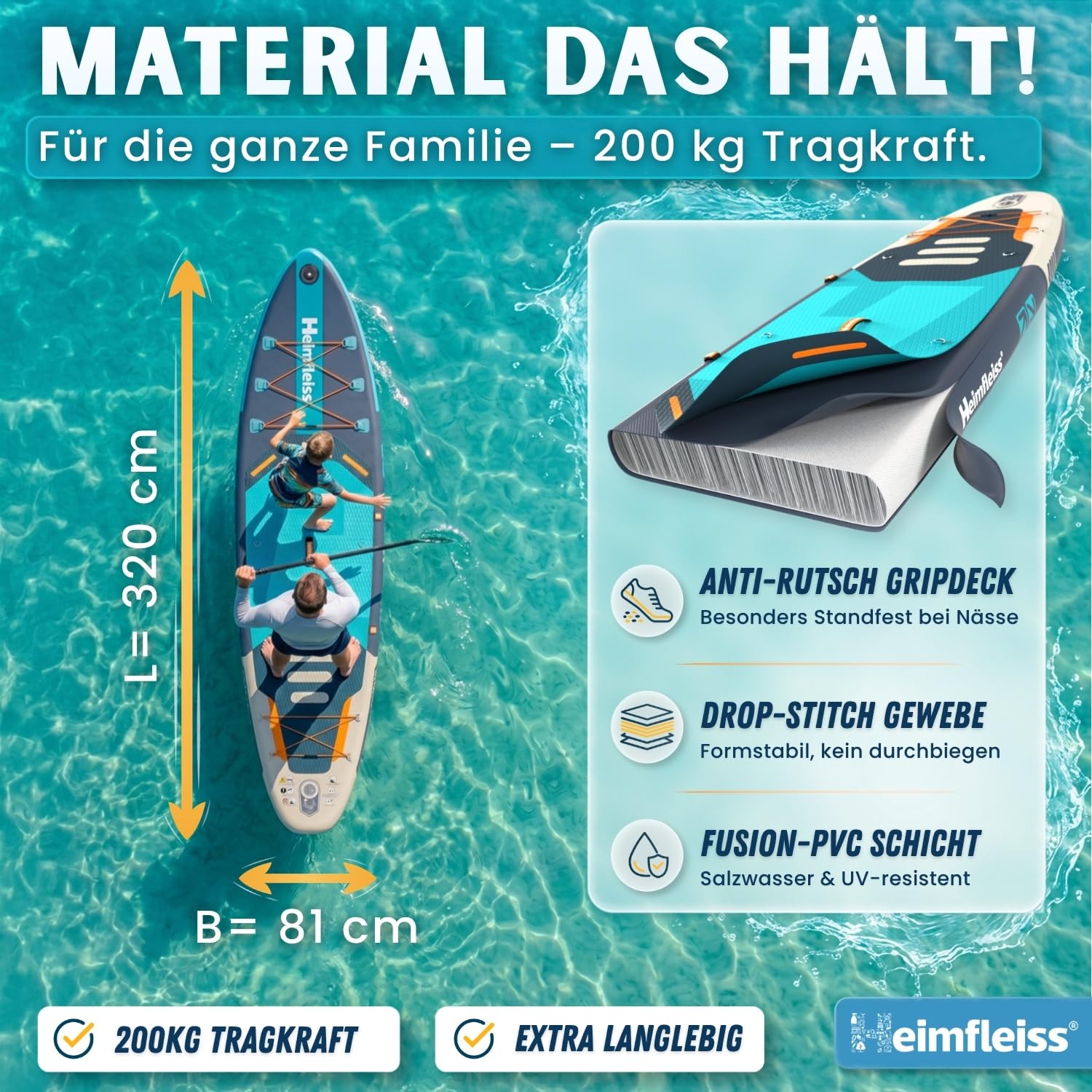 Heimfleiss® SUP Board aufblasbar | Stand Up Paddling Board Komplettset mit Sitz & Kajak-Funktion | Drop-Stitch PVC 320 x 81 x 15 cm bis 200 kg | Standup Paddle Board für Anfänger, Familie & Touren