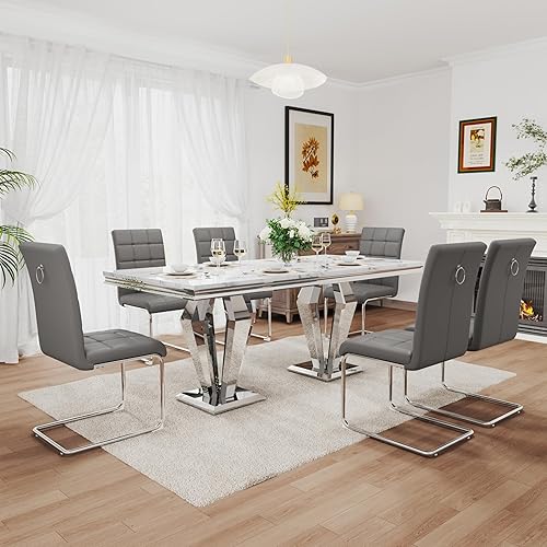 Miniatura 13 de Juego de comedor de lujo de 7 piezas, mesa de comedor moderna y sillas tapizadas, juego de mesa de cocina de mármol para 6, juego de mesas de