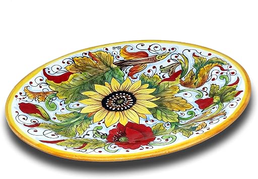 Italian Ceramic Serving Platter for Kitchen, Large Oval Serving Tray Hand Painted with Brush, Decoration with Sunflower Poppies, Made in Italy, Handmade Pottery