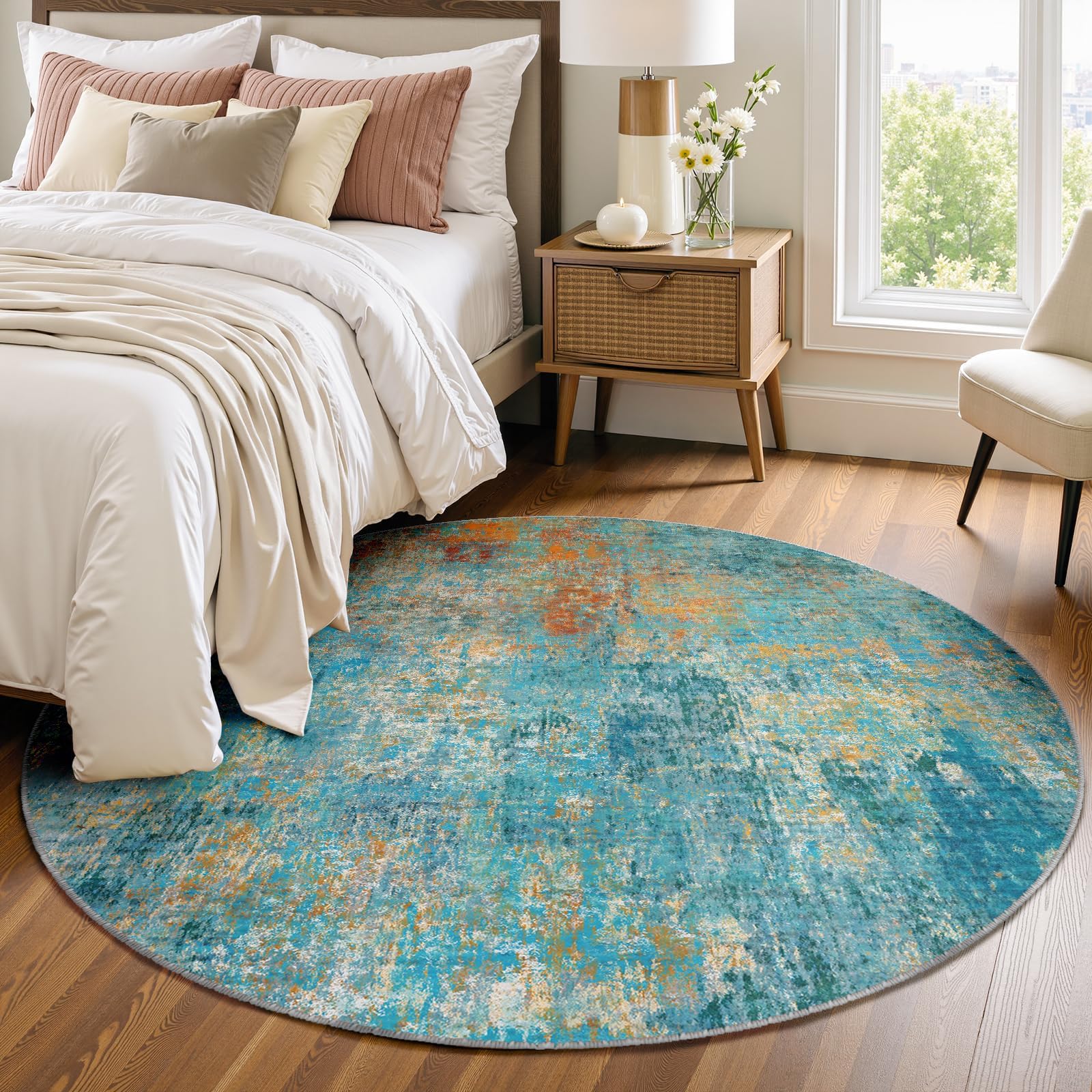 RELEANY Washable Area Rugs 6ft Non-Slip Modern Abstract Soft for Living Room Entryway Bedroom Nursery, Print Pattern, Teal Blue Green Orange Rust Red Coloreful