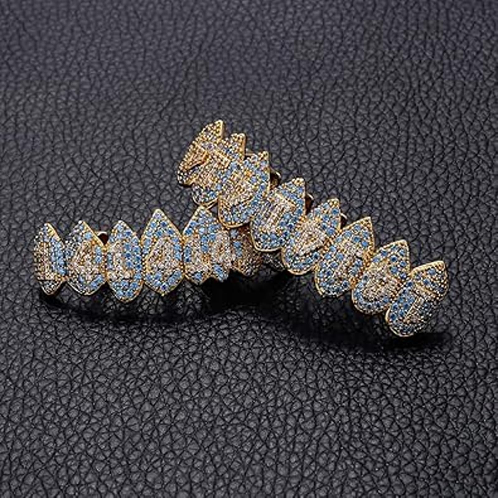 Grillz Hip Hop Placcati Oro con Strass CZ Blu & Bianco - Set di Dentari Superiori & Inferiori Regolabili Brillanti per Feste & Spettacoli