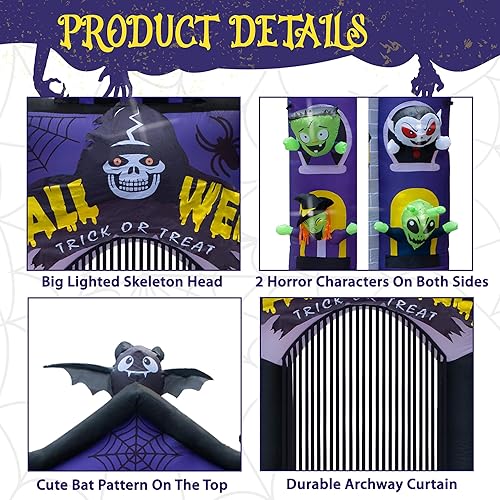 Miniatura 4 de Inflables de Halloween 2023, castillo de 11.5 pies con puerta, luces LED, arco de casa embrujada para decoraciones de Halloween al aire libre,