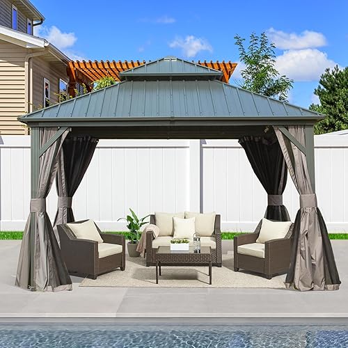 Miniatura 21 de Domi Gazebos de techo rígido de 12 x 14 pies, cenador de metal de aluminio con toldo de doble techo de acero galvanizado, cortina y red, pabellón