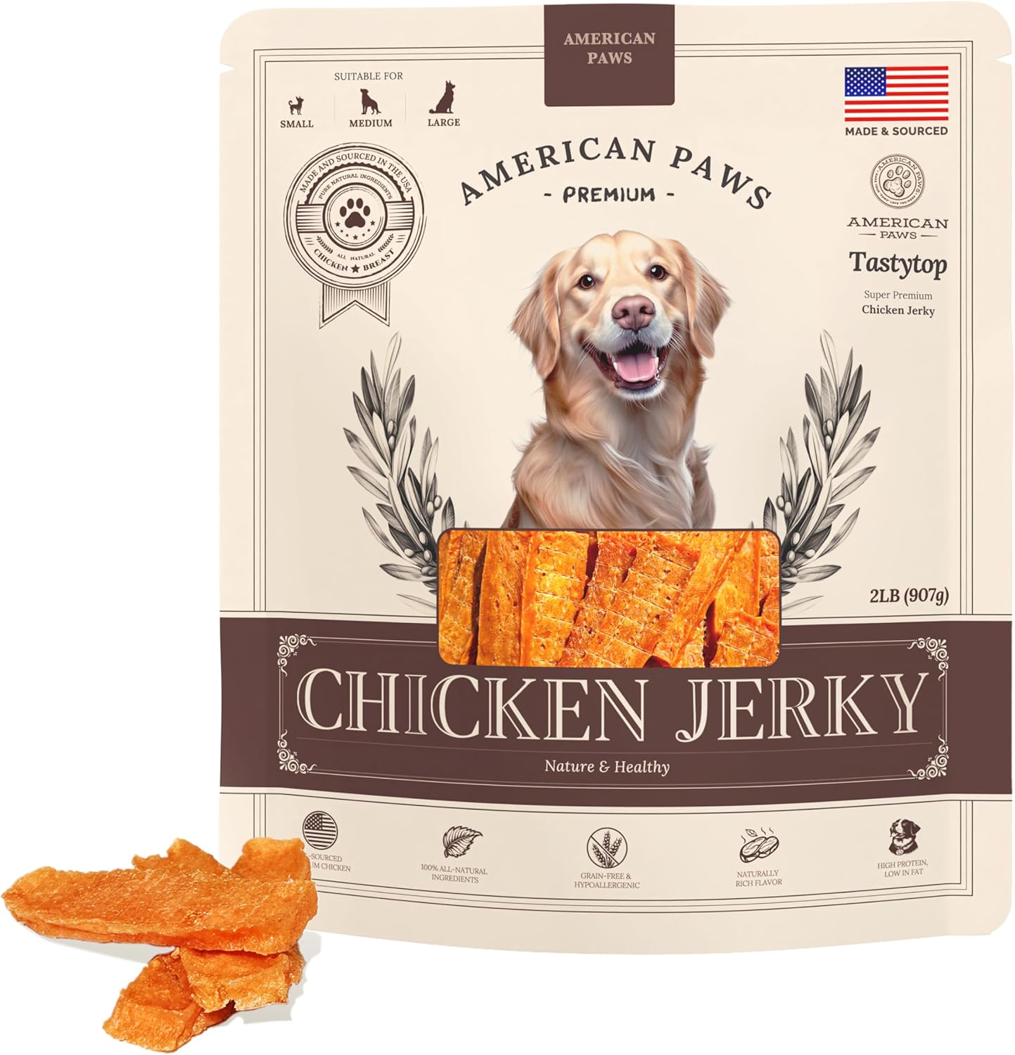 American Paws Chicken Breast Jerky Dog Treats, 100% USA Chicken, Made in USA, All Natural, Single Protein, Grain Free, 2 LB Bag