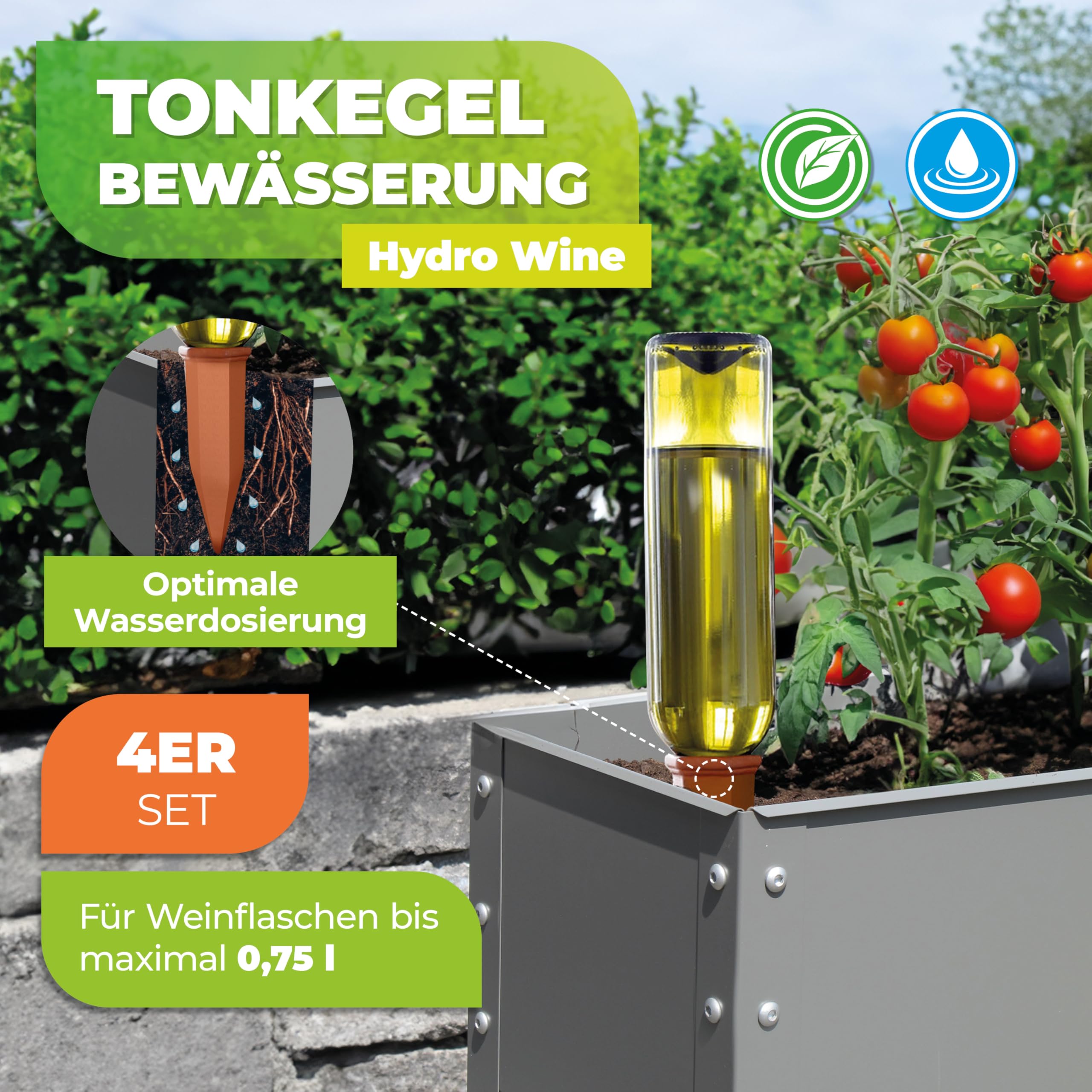 BioGreen 4er-Set Bewässerungssystem Hydro Wine für Balkon- und Kübelpflanzen | Gießkegel aus Ton passend für Weinflaschen I Wasserspender für Topfpflanzen | kein Übergießen und Austrocknen