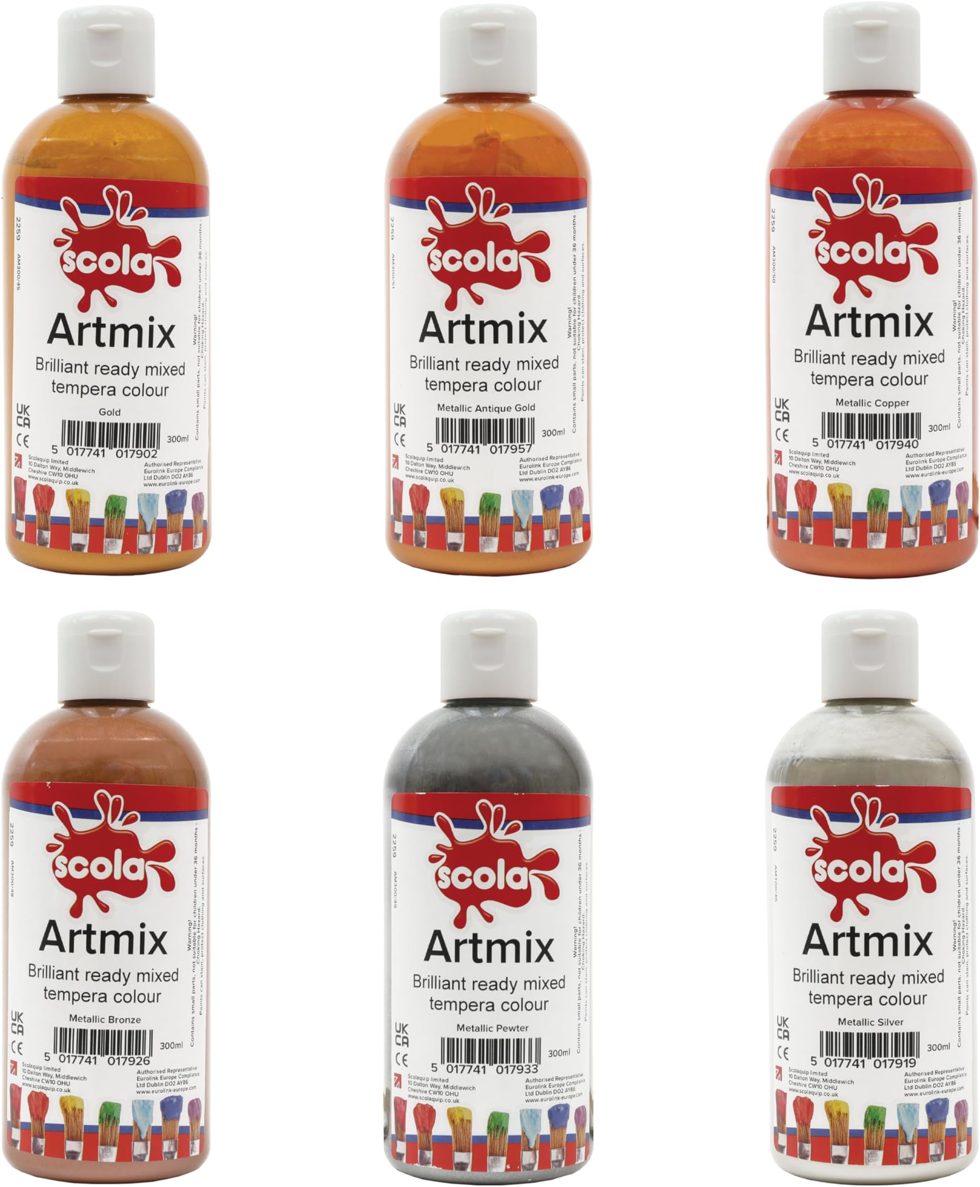 scolaArtmix Ready Mixed Water Based Tempera Paint, 6 Assorted Metallic Colours, 300 ml Bottles, Safe Non-Toxic Poster Paints, Craft Projects, Sponge Painting, Finger Painting for Children