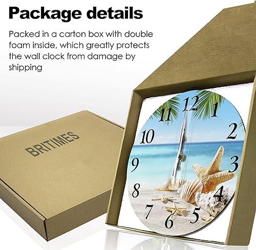 Miniatura 5 de Britimes Reloj de pared redondo silencioso sin tictac, funciona con pilas, 12 pulgadas, color arena de concha, verano, playa, decoración del hogar