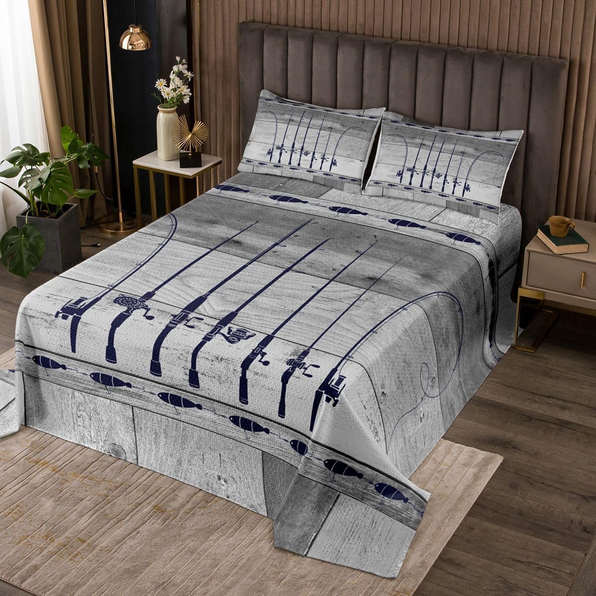 Erosebridal Fishing Coverlet Set Queen Fishing Pole Quilt Set Fishing Gifts for Men,Vintage Patchwork Wood Bedspread Set Go Fish Bed Set,Angle Hook Fishing Accessories Rustic Home Decor,Grey