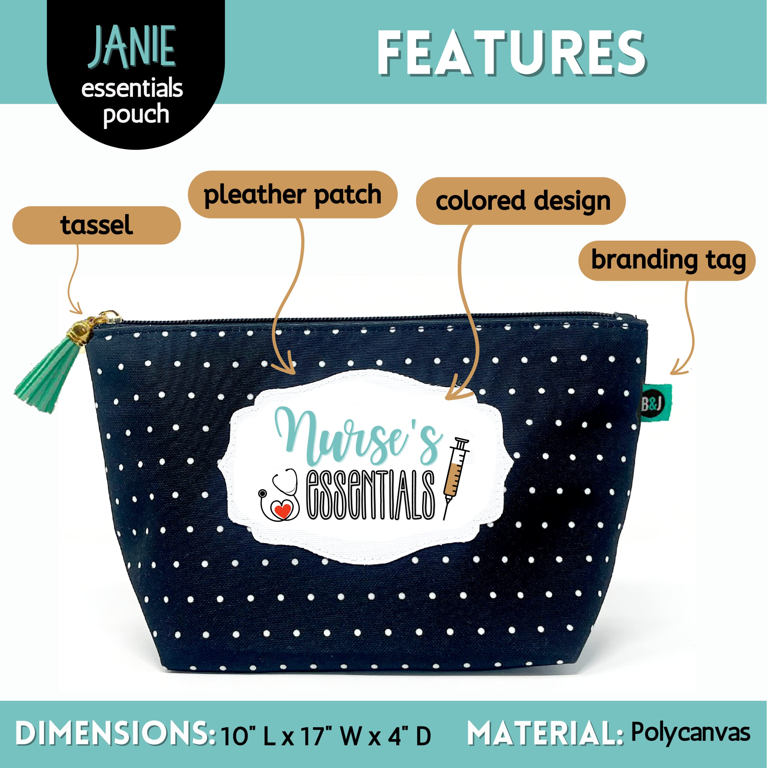 Brooke & Jess Designs Nurse's Essentials Pouch Gifts for Women Dotted Makeup Bags Cosmetic Bag Travel Toiletry Makeup Pouch Pencil Bag with Zipper Best Nurse Front Liner Medic Just Because Gifts