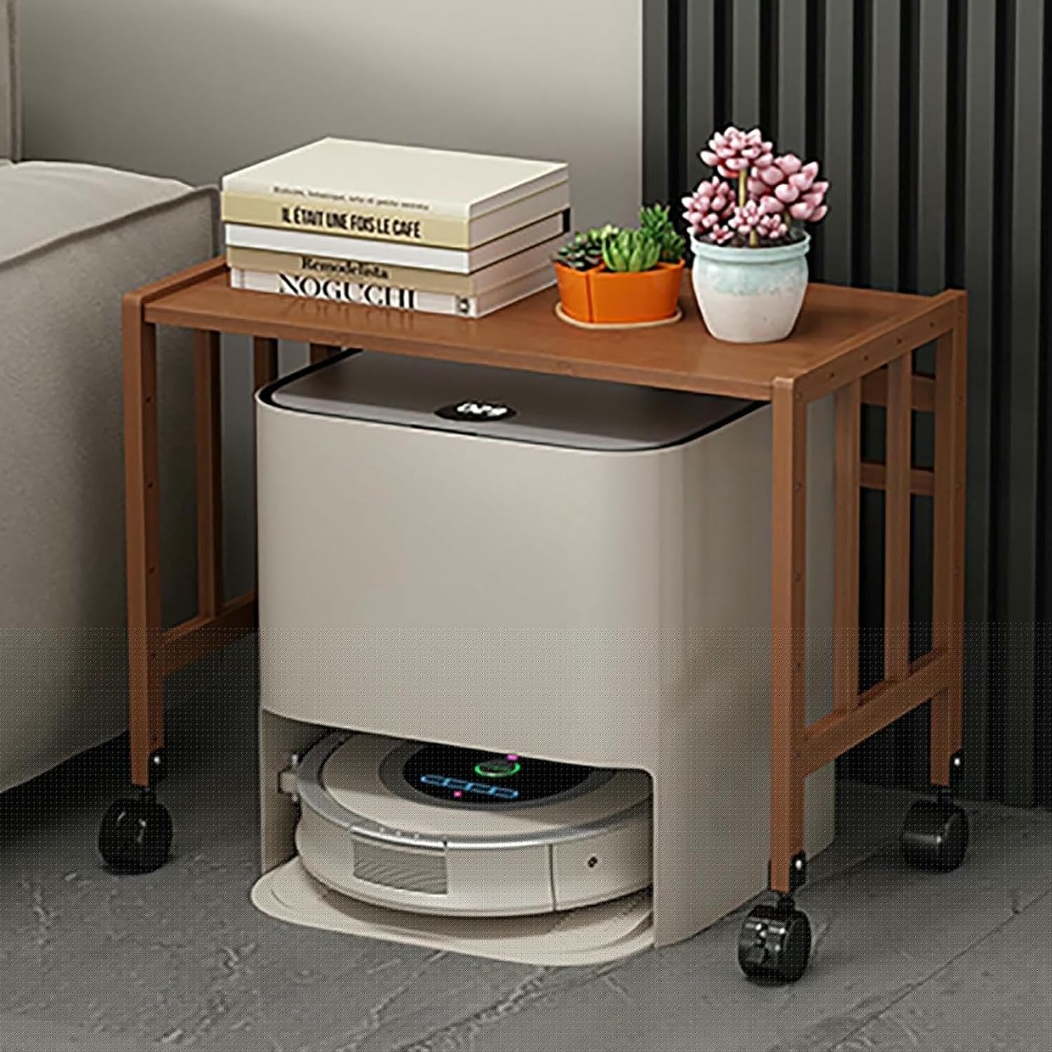 Robot Vacuum Stand Cabinet,Storage Rack Above The Sweeping Robot,Accent End Table with Wheels,End Table Modern Sofa Table,for Living Room Home Office Kitchen
