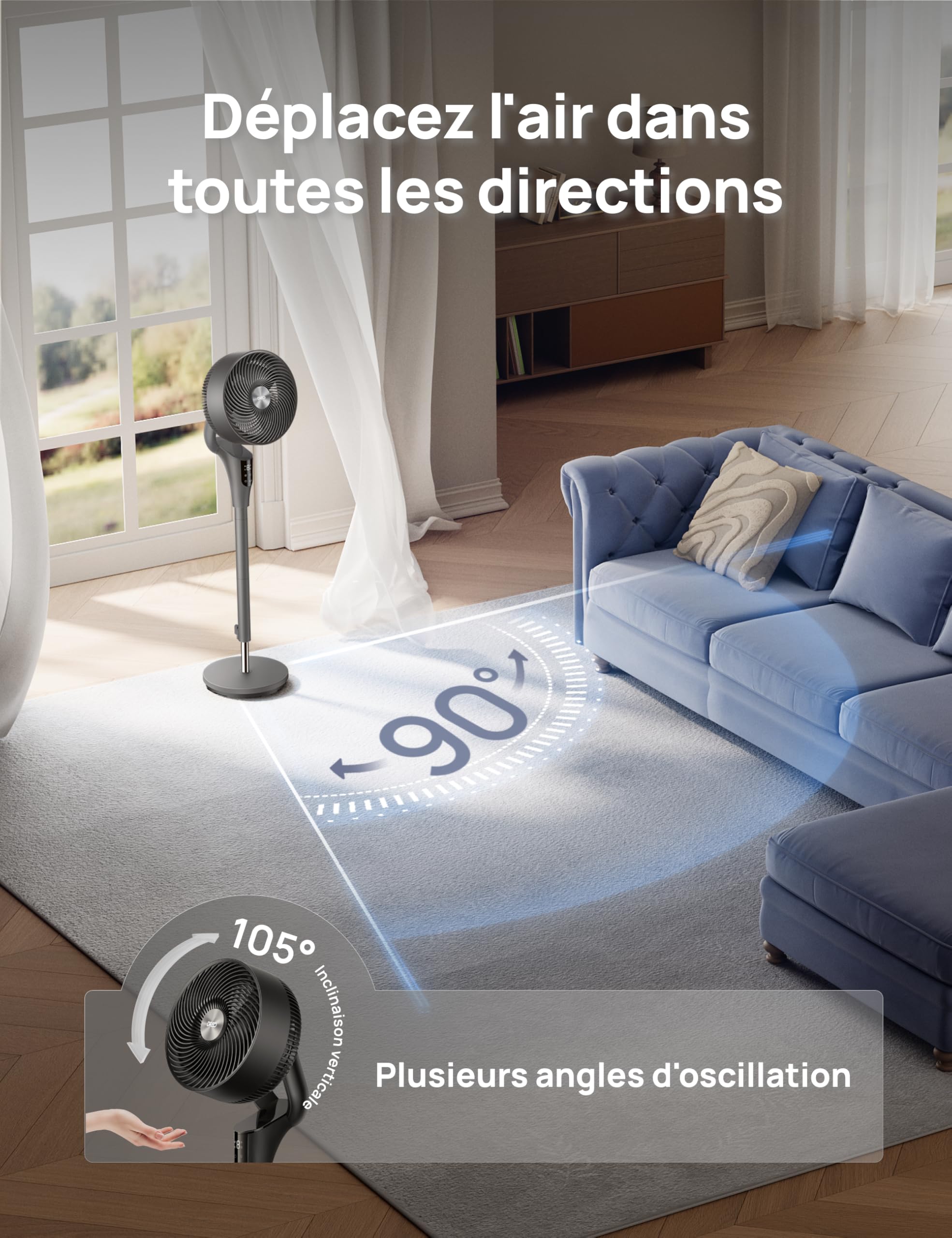 DREO Ventilateur sur Pied Silencieux pour Chambre [Amélioré], Flux d’Air 27m, 20dB, Oscillation 90°, Moteur DC, 8 Vitesses, 3 Modes, Hauteur 96–106 cm, Minuterie 8H, Inclinaison 105°