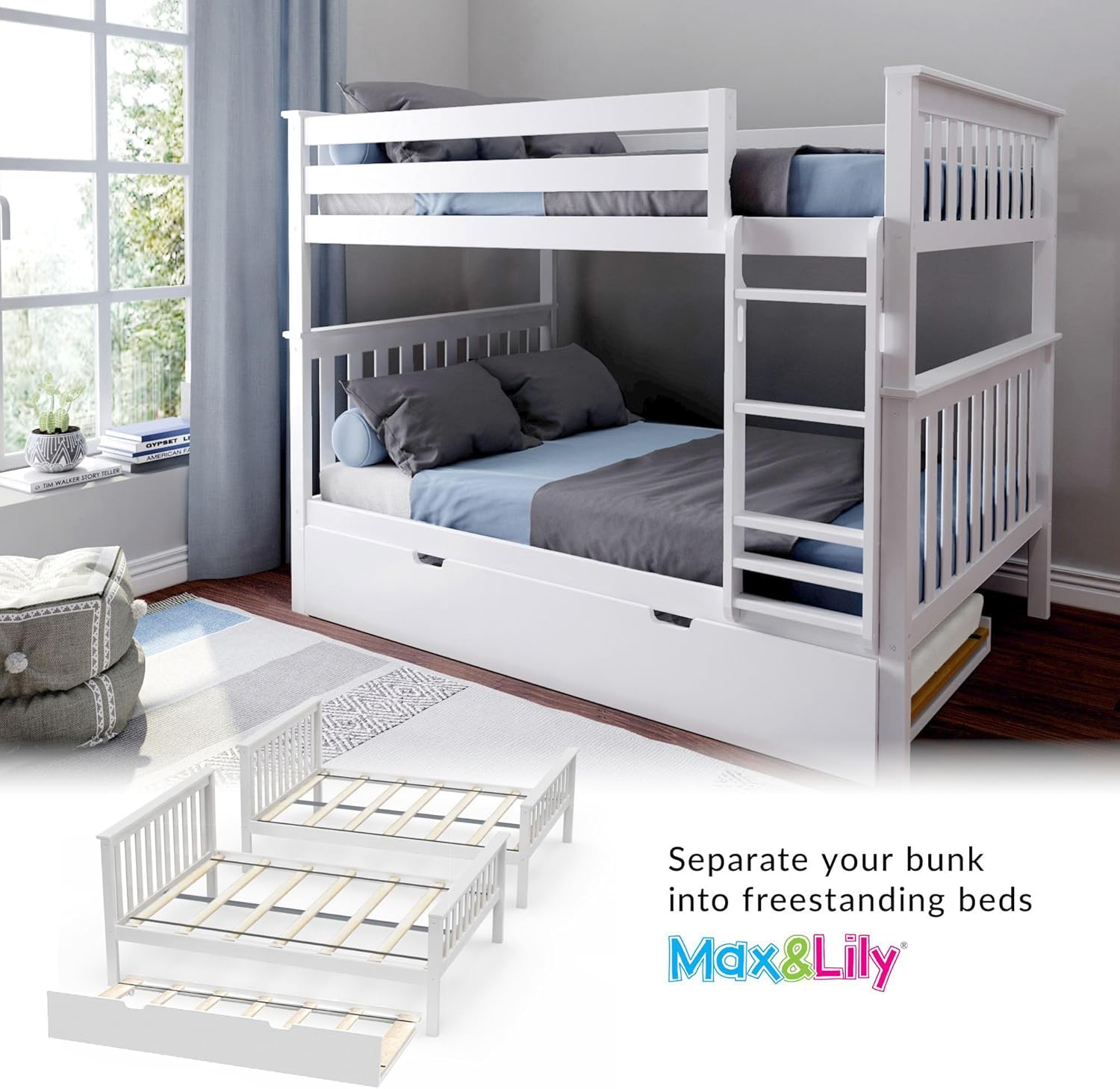 Max & Lily Bunk Bed, Full-Over-Full Wood Bed Frame For Kids With Trundle, White
