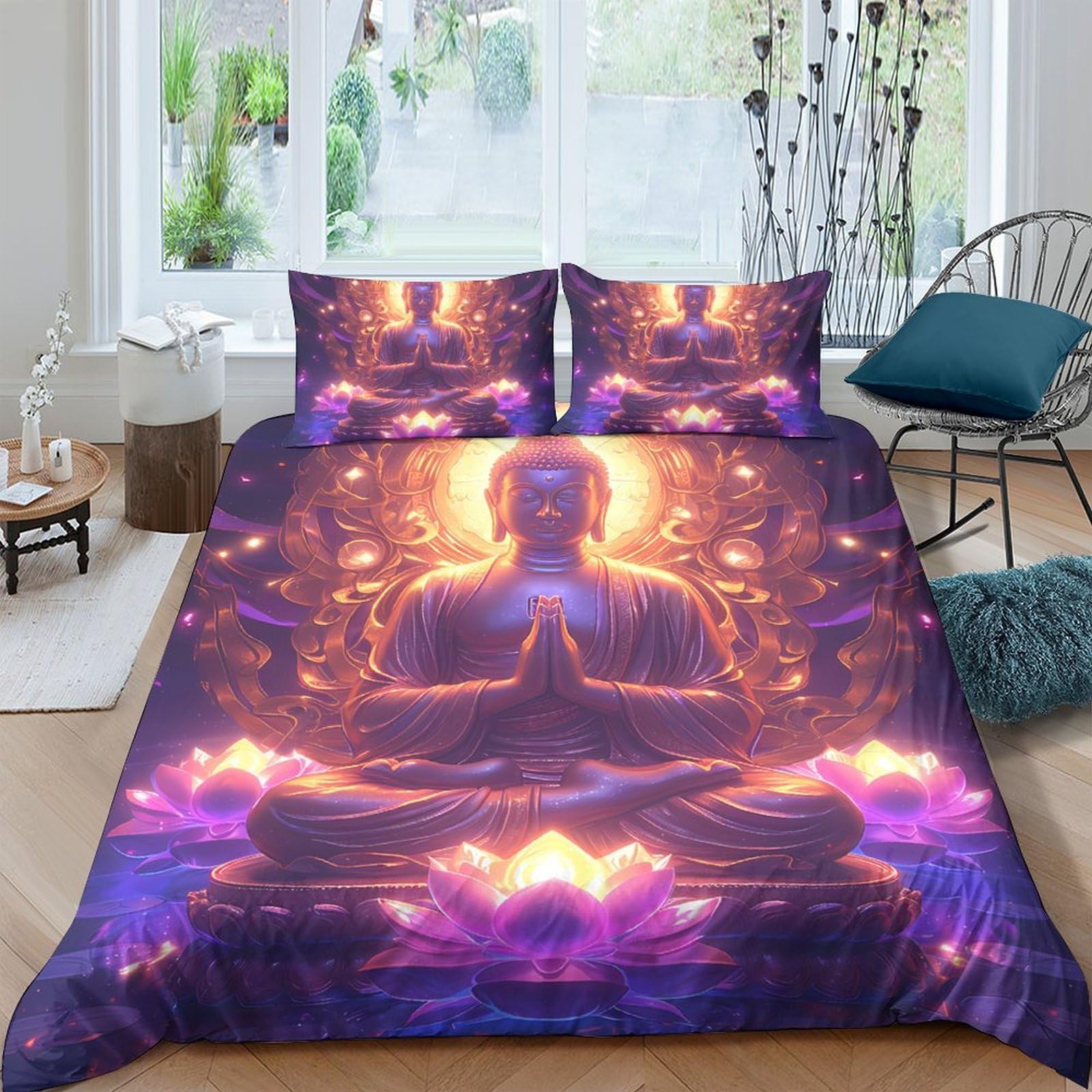 Ctjqhvkz Style-3 3D Printed Buddha Meditation Fitted Sheet Microfiber Purple Lotus Mattress Cover For Bedroom Decor Adult Youth Single（135X200cm）