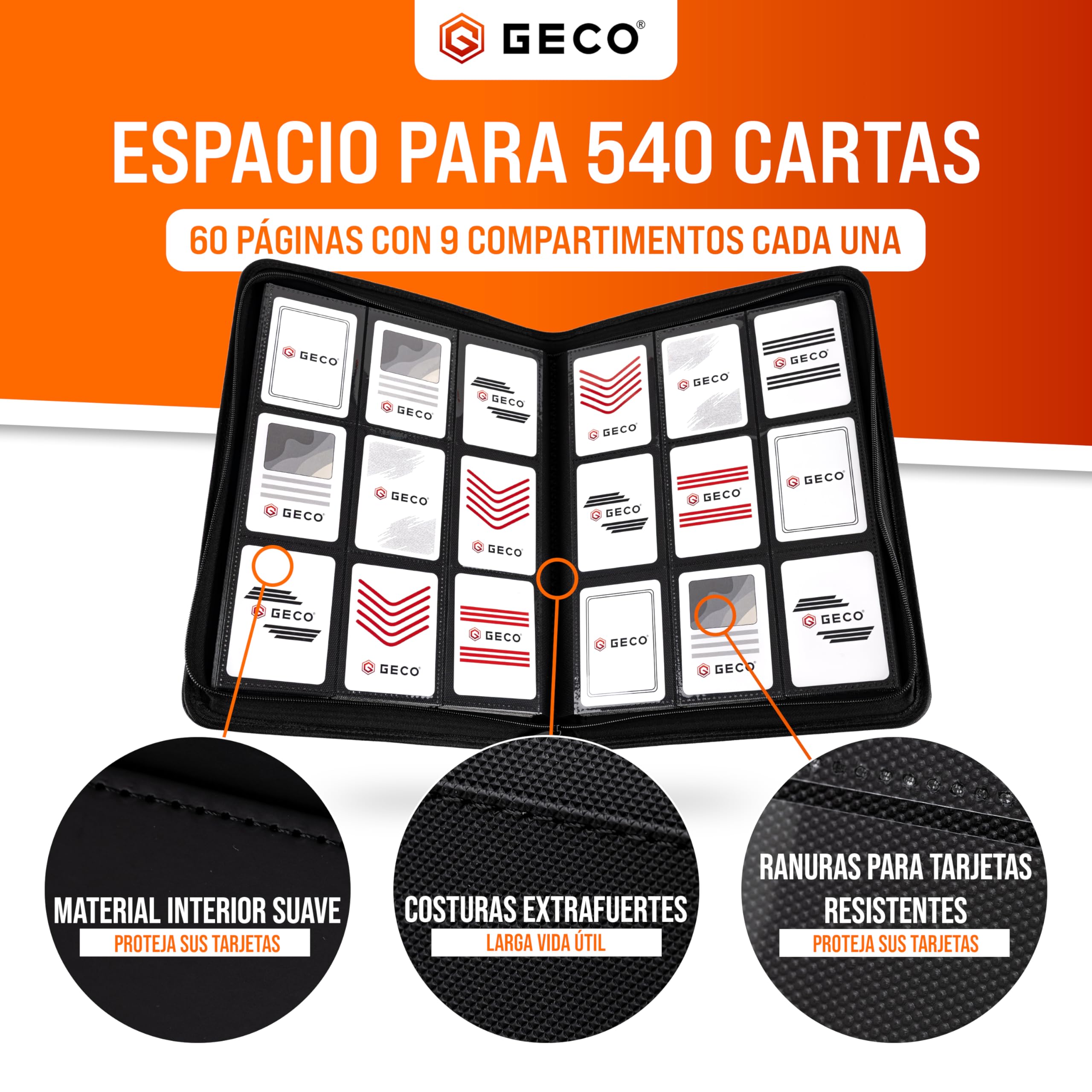 GECO Álbum Cartas Coleccionables 9 Bolsillos Premium con Cremallera – 540 Cartas – Archivador 30 Páginas Carga Lateral – Binder Trading Cards (Negro)