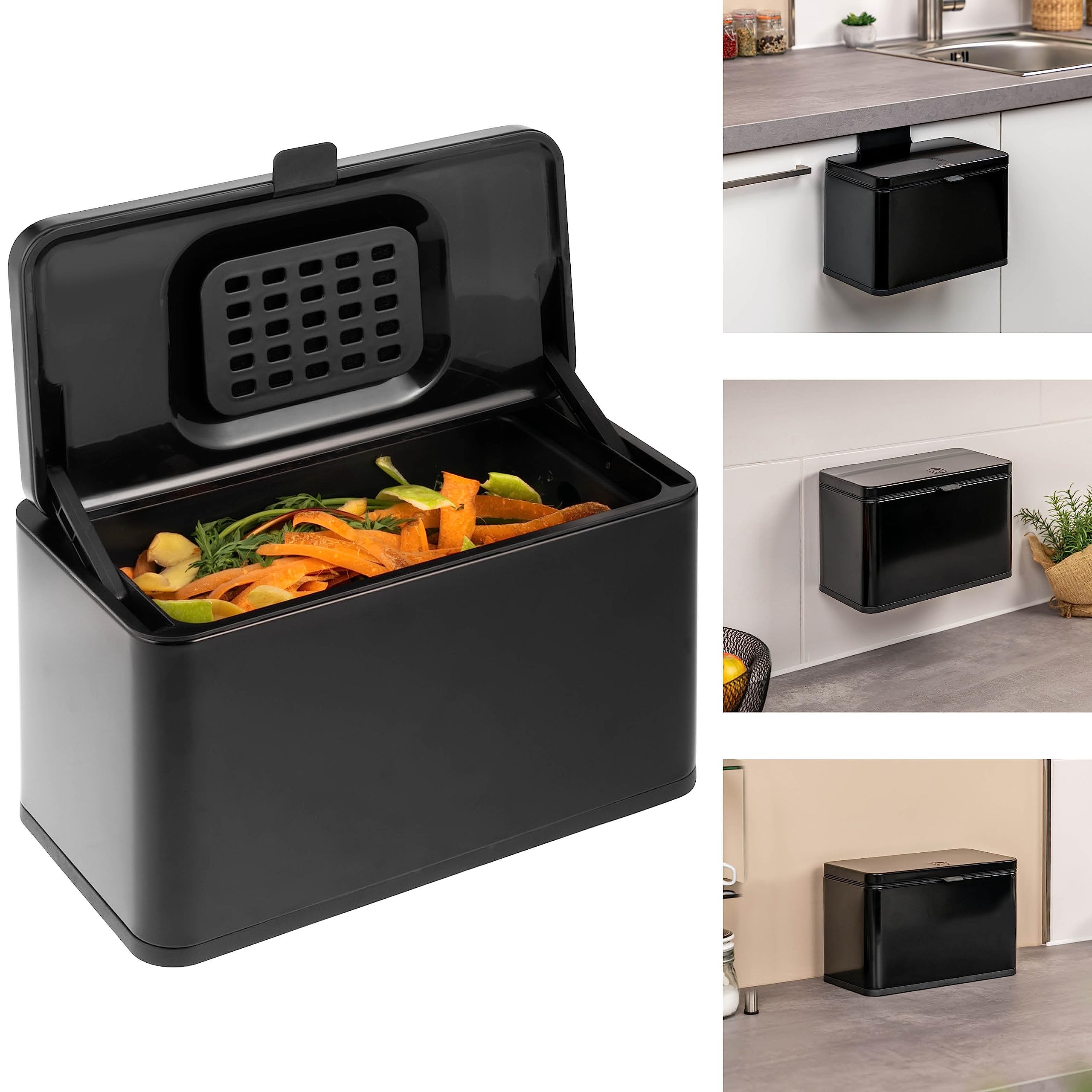 eluno Poubelle Bio 3 l avec Filtre Anti-odeurs, à Suspendre, Poser ou Coller, Seau à Compost, 3 Modes de Montage (Noir)