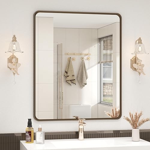 Miniatura 16 de OKPAL Espejo de Baño con Marco de Metal Negro de 40 x 36 Pulgadas para Pared, Espejo de Tocador de Baño Negro Mate, Espejo Rectangular Redondeado