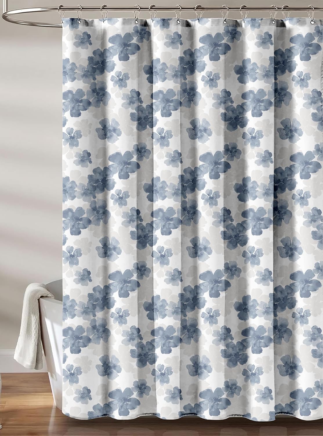 100% Recycled Cotton Floral Blue Gray White Shower Curtain – Eco-Friendly, Lightweight Sustainable Fabric, Button Hole Semi Sheer Curtain for Bathroom, Durable & Washable, 72"x72"