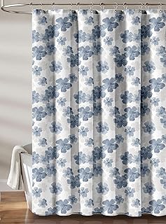 100% Recycled Cotton Floral Blue Gray White Shower Curtain – Eco-Friendly, Lightweight Sustainable Fabric, Button Hole Semi Sheer Curtain for Bathroom, Durable & Washable, 72"x72"
