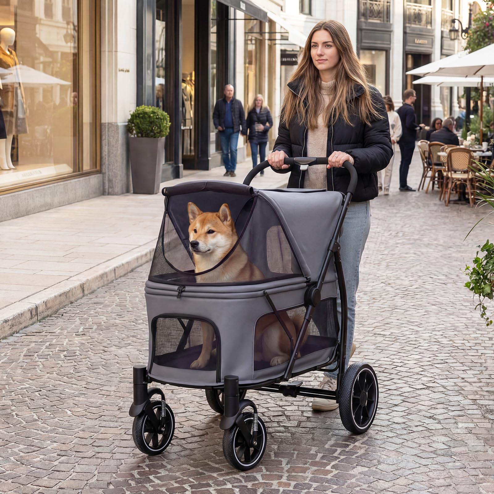 COSTWAY Carrito para Perros Plegable Grande, Cochecito para Mascotas con Ruedas, Toldo Ajustable de Malla, Bolsillos de Almacenamiento y Cinturón de Seguridad, Carga 40 kg, 96 x 71 x 102.5 cm (Gris)