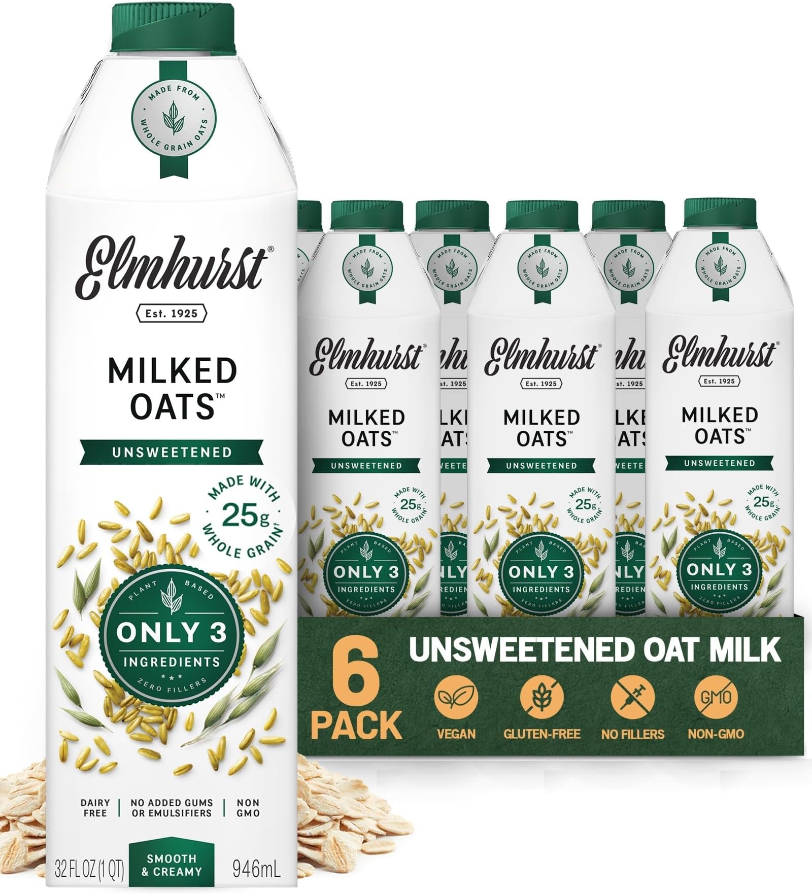 Elmhurst 1925 Unsweetened Oat Milk - 32 Ounce (Pack of 6) Dairy-Free, Gluten-Free, Vegan, Kosher, Shelf Stable Milk Made with Water & Oat Grains for Healthier, Simpler Plant-Based Alternatives