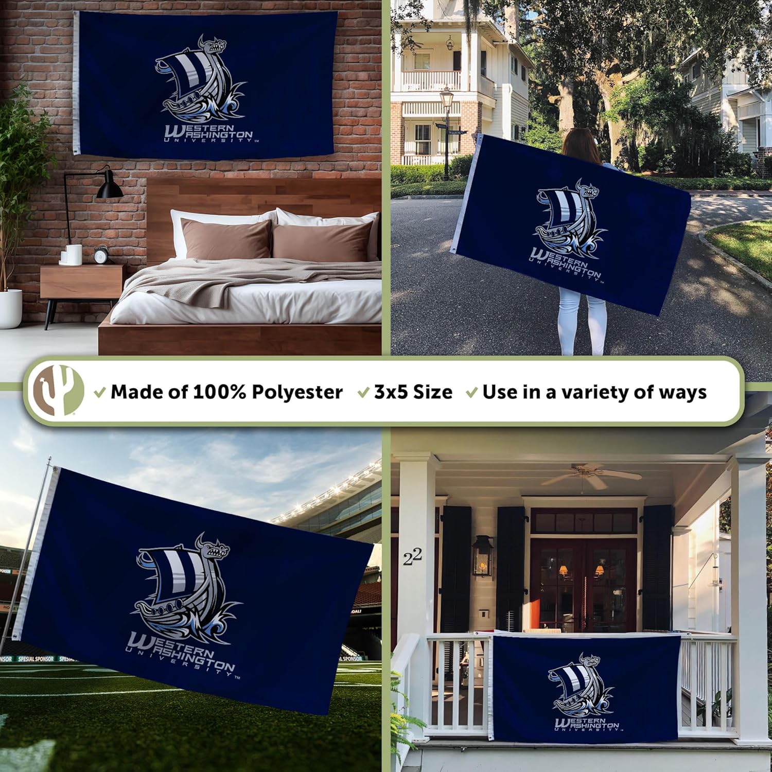 Desert Cactus Western Washington University WWU Flag - 3 x 5 Feet Vikins Banner, Indoor/Outdoor Durable Fabric, 100% Polyester Design (Style 2)