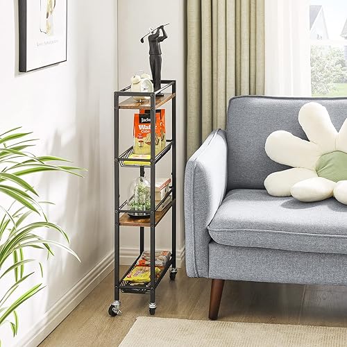 Miniatura 7 de YMYNY Carrito de almacenamiento delgado para cocina, carrito utilitario de 4 niveles con ruedas, para espacios estrechos, lavandería, comedor, baño,