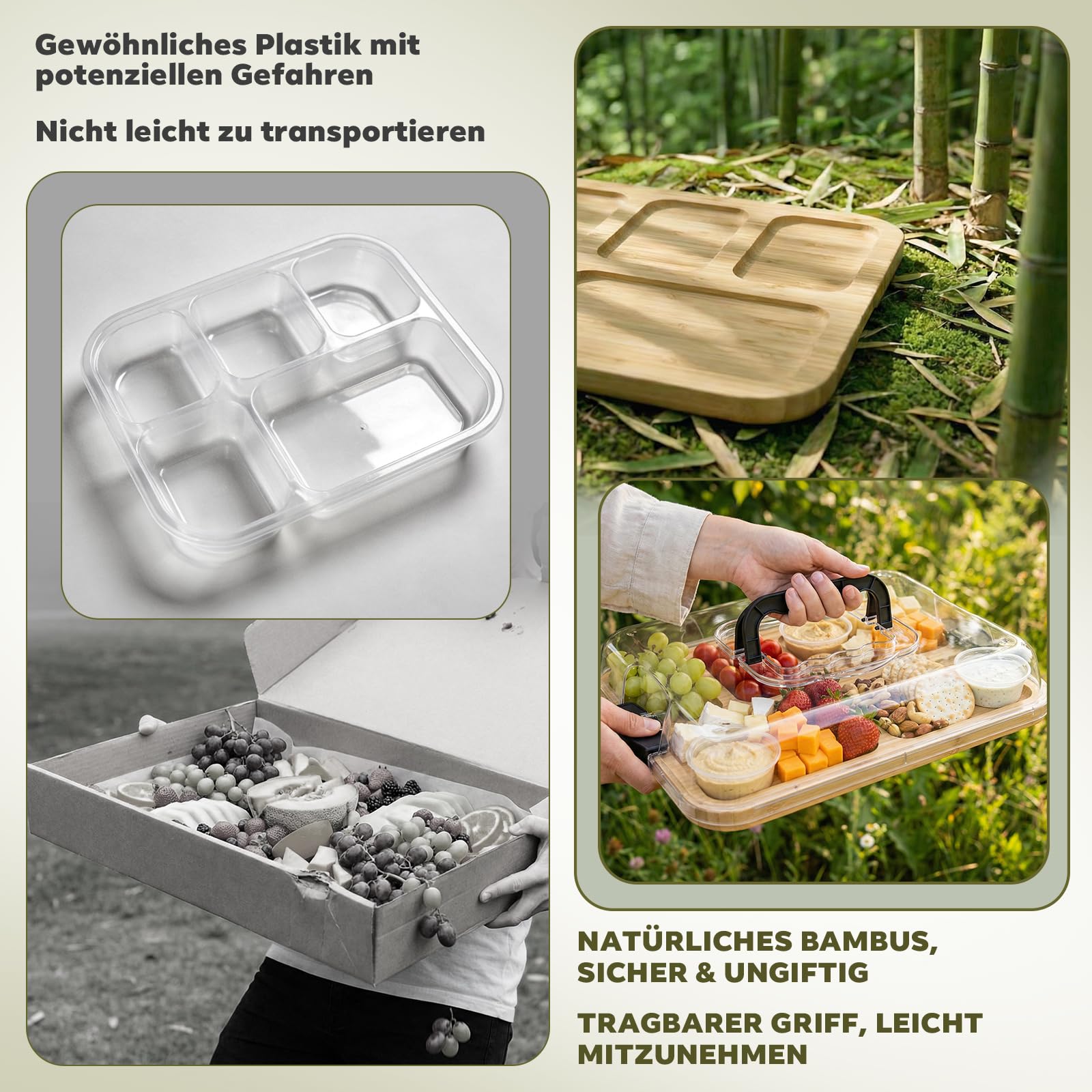 Bambus Käseplatte Charcuterie Board mit Deckel – Tragbares Käsebrett mit 6 Fächern, Holzbrett mit Käseglocke aus PET, Servierplatte für Käse, Wurst & Snacks – Ideal für Picknick, Reise & Brunch