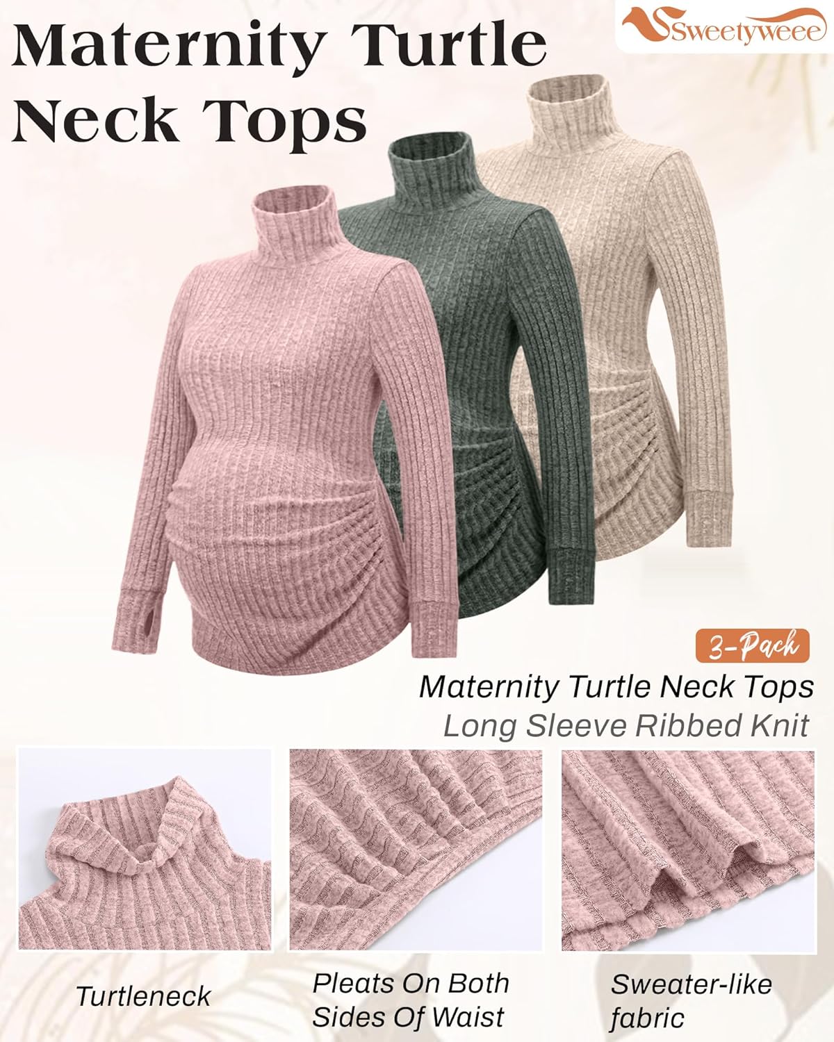 3 Pack Maternity T-Shirts Pregnancy Tops Women Sweater Long Sleeve Turtleneck Ribbed Finger Sleeve Outfits - Image 4