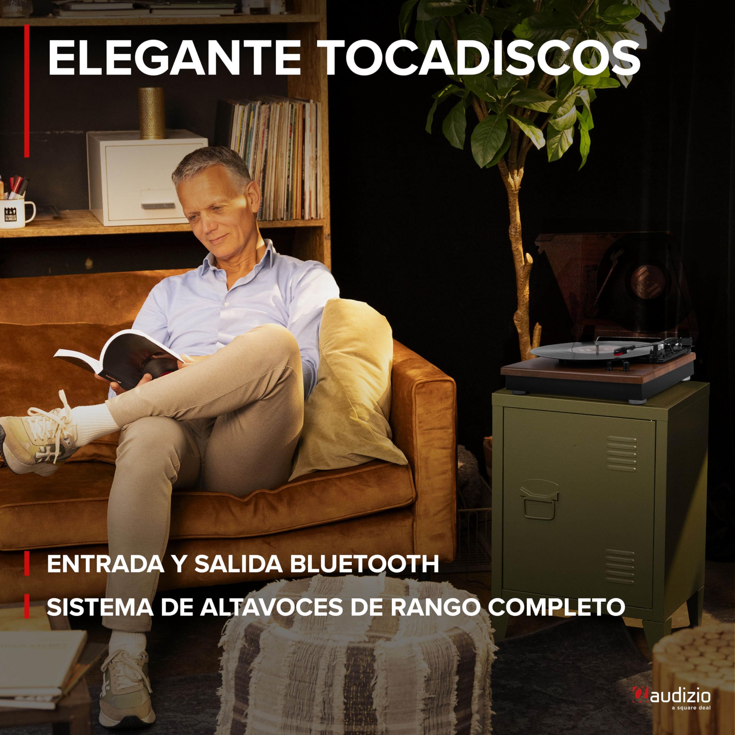 Audizio RP112L Tocadiscos de Vinilo Retro de Madera con Bluetooth, giradiscos de 3 velocidades, Apto para Todos los tamaños de Vinilo, se Conecta a un Altavoz Incorporado con Bluetooth, Salida RCA