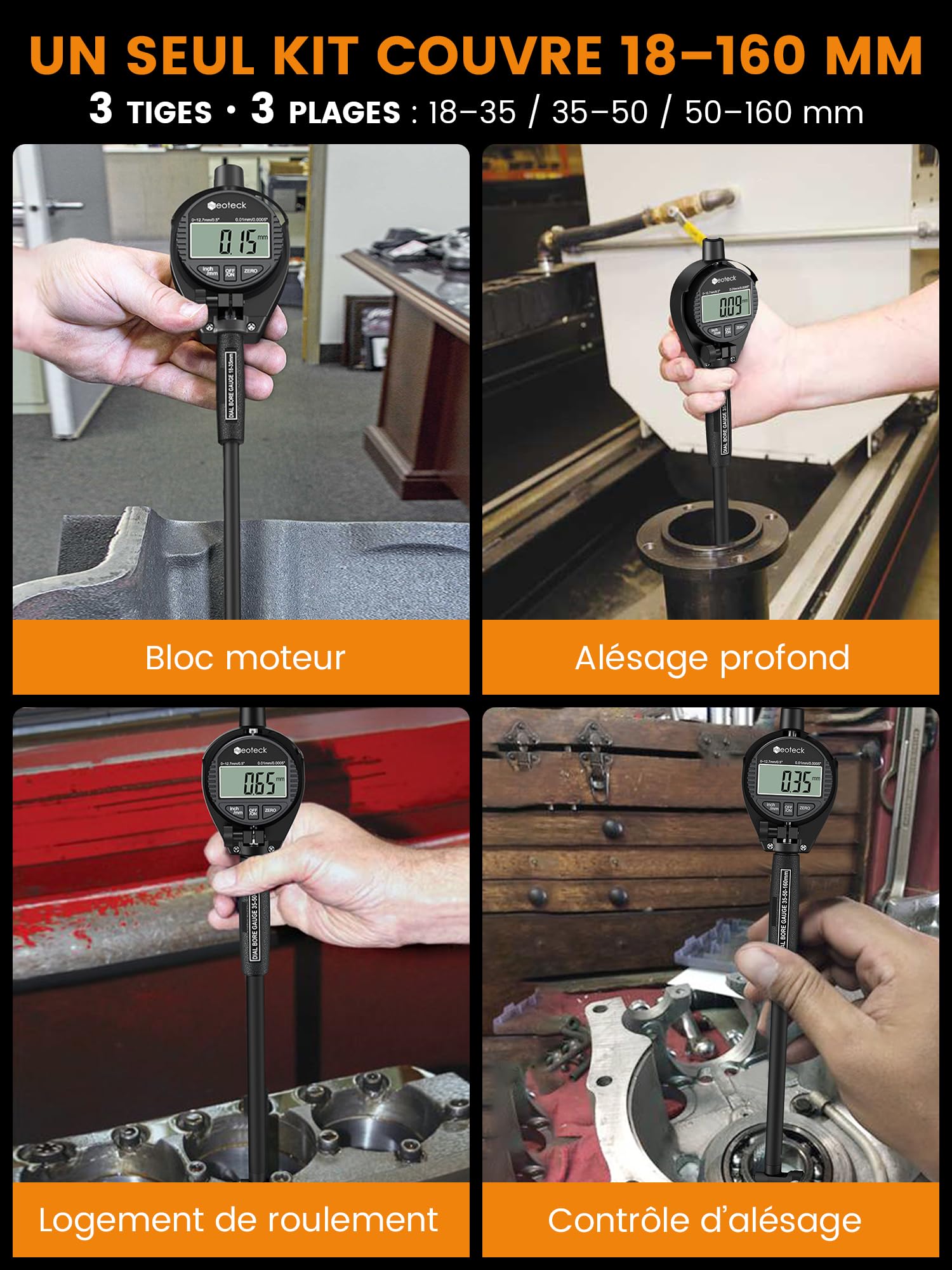 Neoteck Jauge d’Alésage Digitale 18-160mm – Mesure Intérieure Haute Précision 0,01mm – Jauge Cylindre & Contrôle Dimensionnel Profond pour Atelier Mécanique, Métrologie et Moteurs-Noir