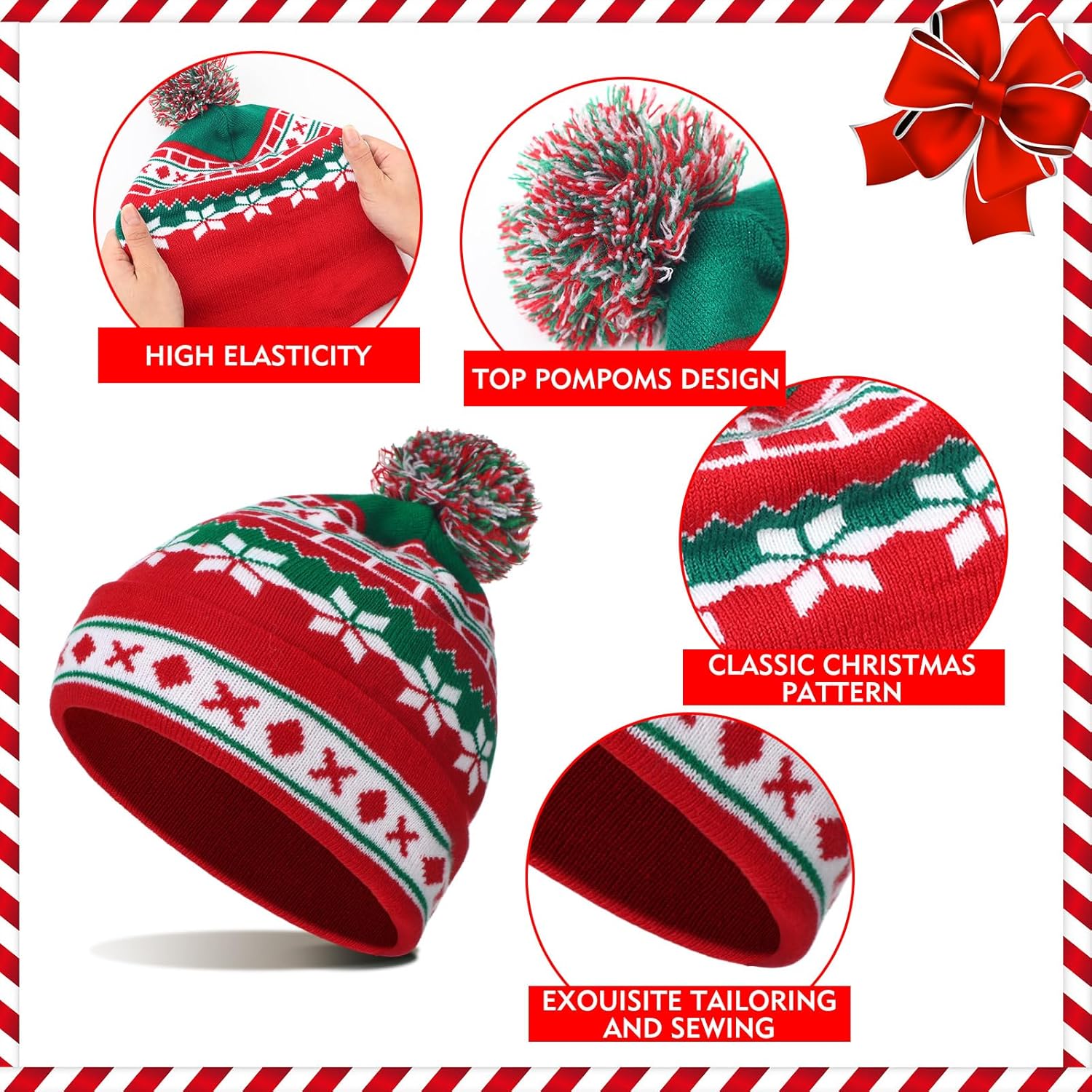 Liitrsh 16 Pcs Christmas Knitted Elf Hats Bulk Santa Xmas Crochet Beanies Hats Threaded Striped Holiday with Pompom for Adults Teens Men Women Unisex - Image 3