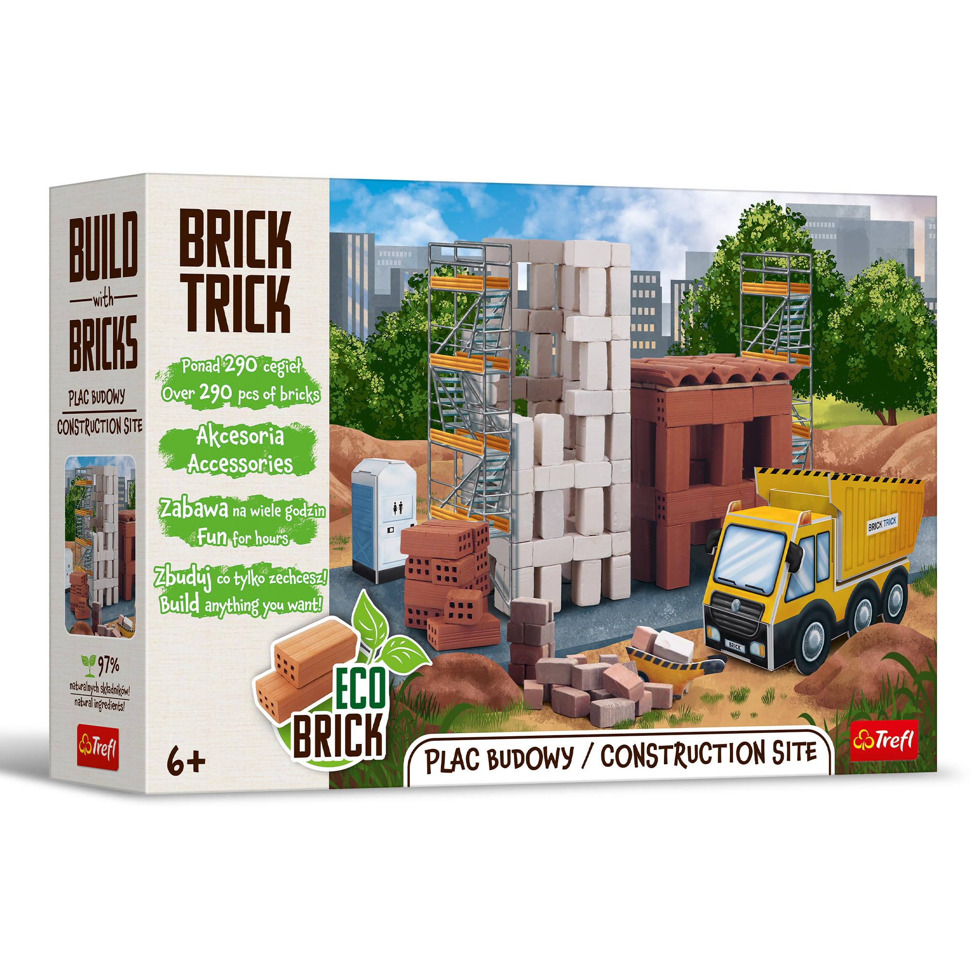 Brick Trick Trefl Cantiere/Construction Site - Costruisci con i Mattoncini, Veri Mattoncini ECO, 290 Mattoni, Riutilizzabili, Kit Creativo per Bambini dai 6 Anni