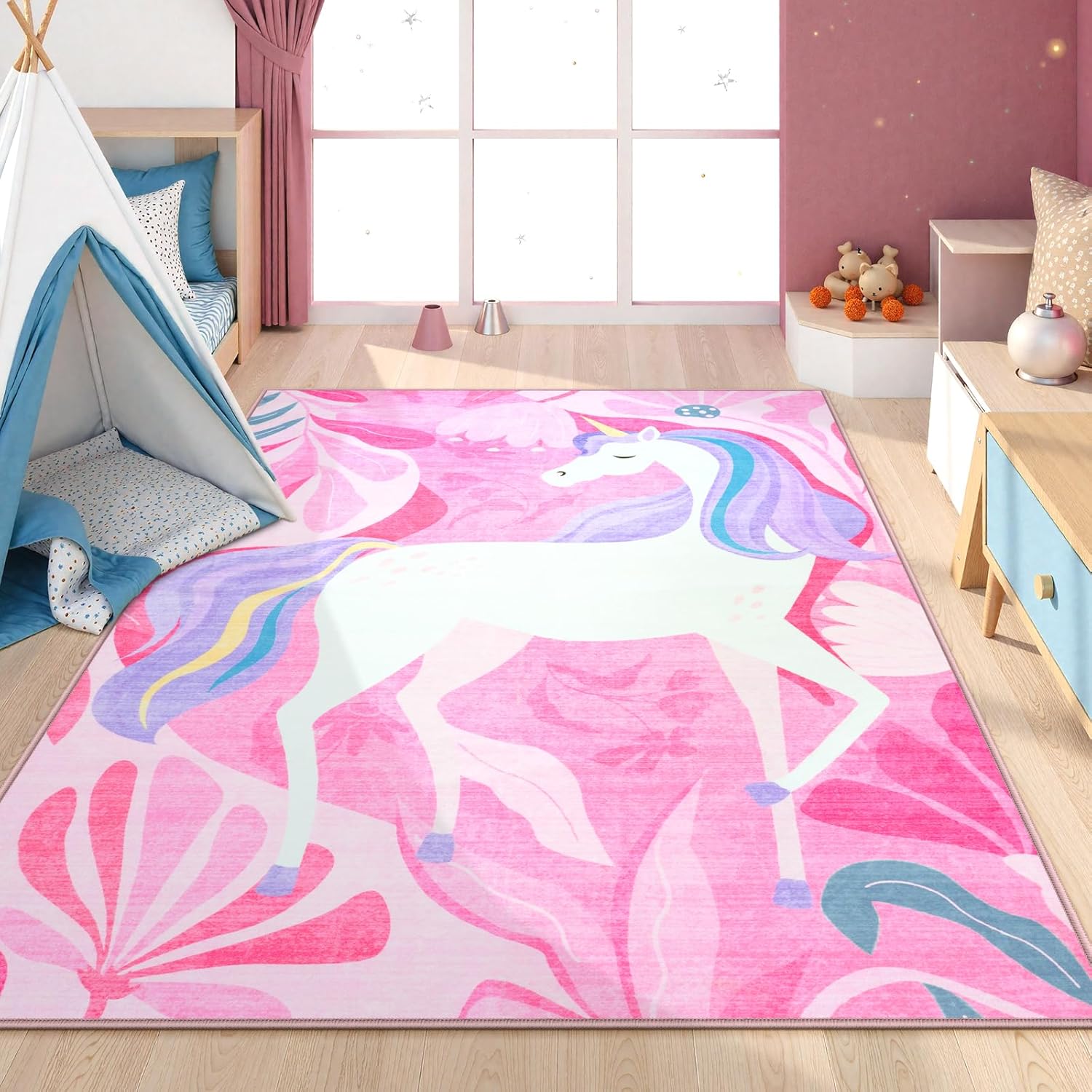 LIVEBOX 5x7 Pink Rugs for Bedroom Girls, Washable Soft Unicorn Rug for Living Room, Stain Resistant Non-Slip Nursery Rug for Baby Toddler Room, Non-Shedding Play Rugs Carpet for Classroom(Pink, 5'x7')
