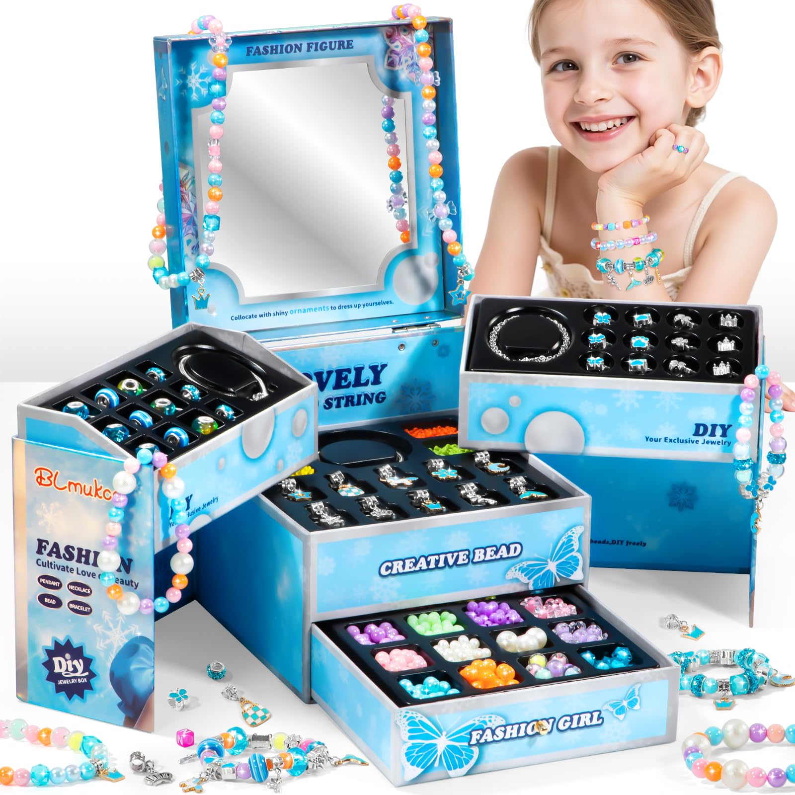 BLmukce Charm Bracelet Making Kit for Girls Ages 8-12, DIY Jewelry Making Kit & Craft Set with Beads, Charms & Necklace Supplies, Gift for Kids 4-6 7 8 Years Old (Winter Wonderland)