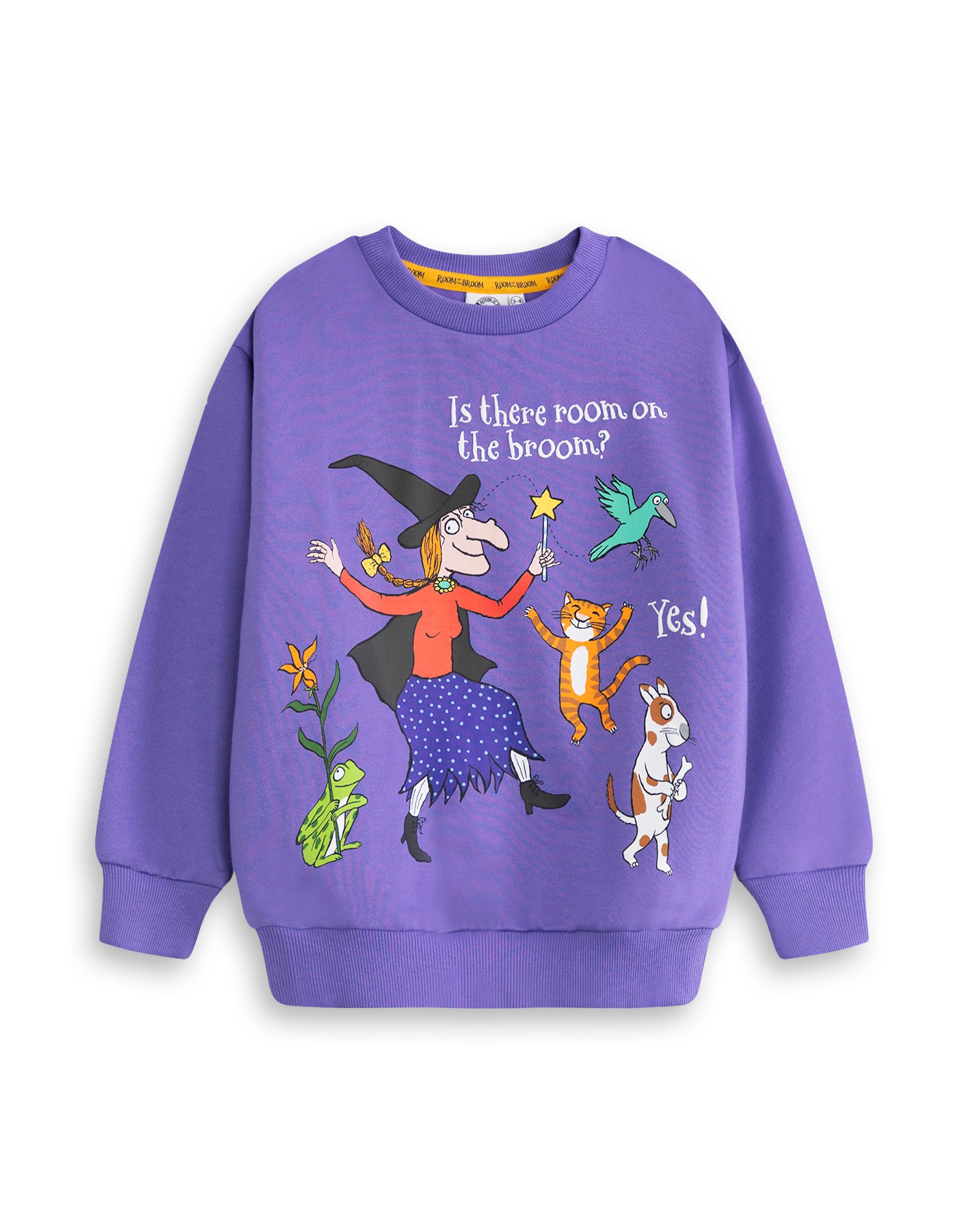 Gruffalo Room On The Broom Witch, Cat, Dog, Frog, Bird Unisex Kids Purple Sweatshirt | Cartoon Graphic Top with 'Is there room on the broom? Yes!' | Room On The Broom Merch - 6-7 Years