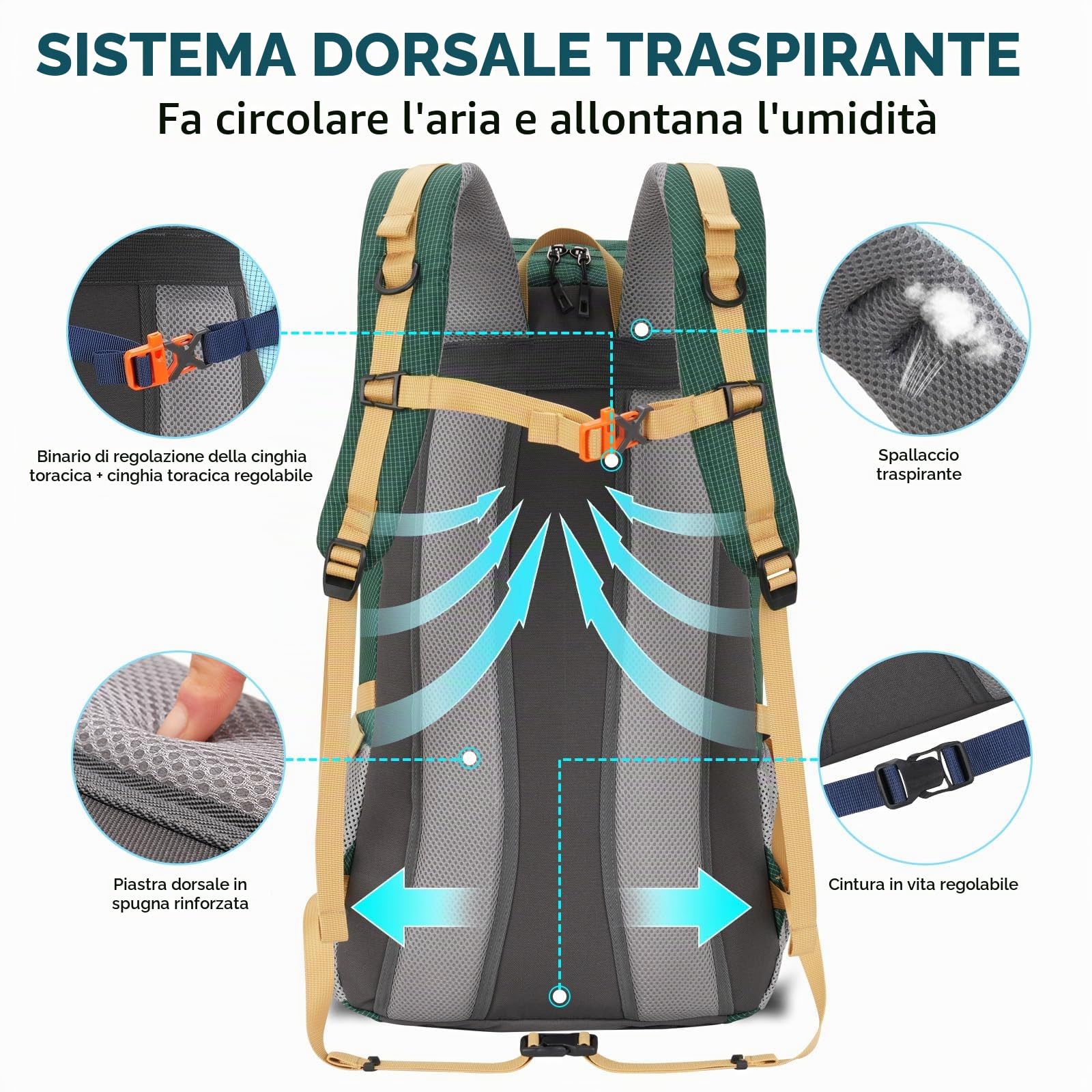 Bseash Zaino da campeggio impermeabile da 45 litri con copertura antipioggia, zaino da viaggio per sport all'aria aperta per arrampicata, sci, ciclismo