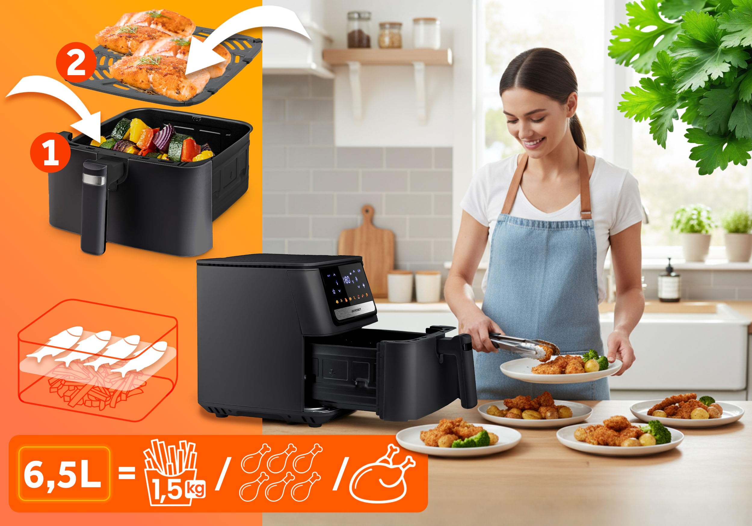 Berdsen Frytkownica Beztłuszczowa Airfryer - 1700 W 6,5 l - Frytkownica na Gorące Powietrze - 8 Programów - Ekran Dotykowy - Czarna