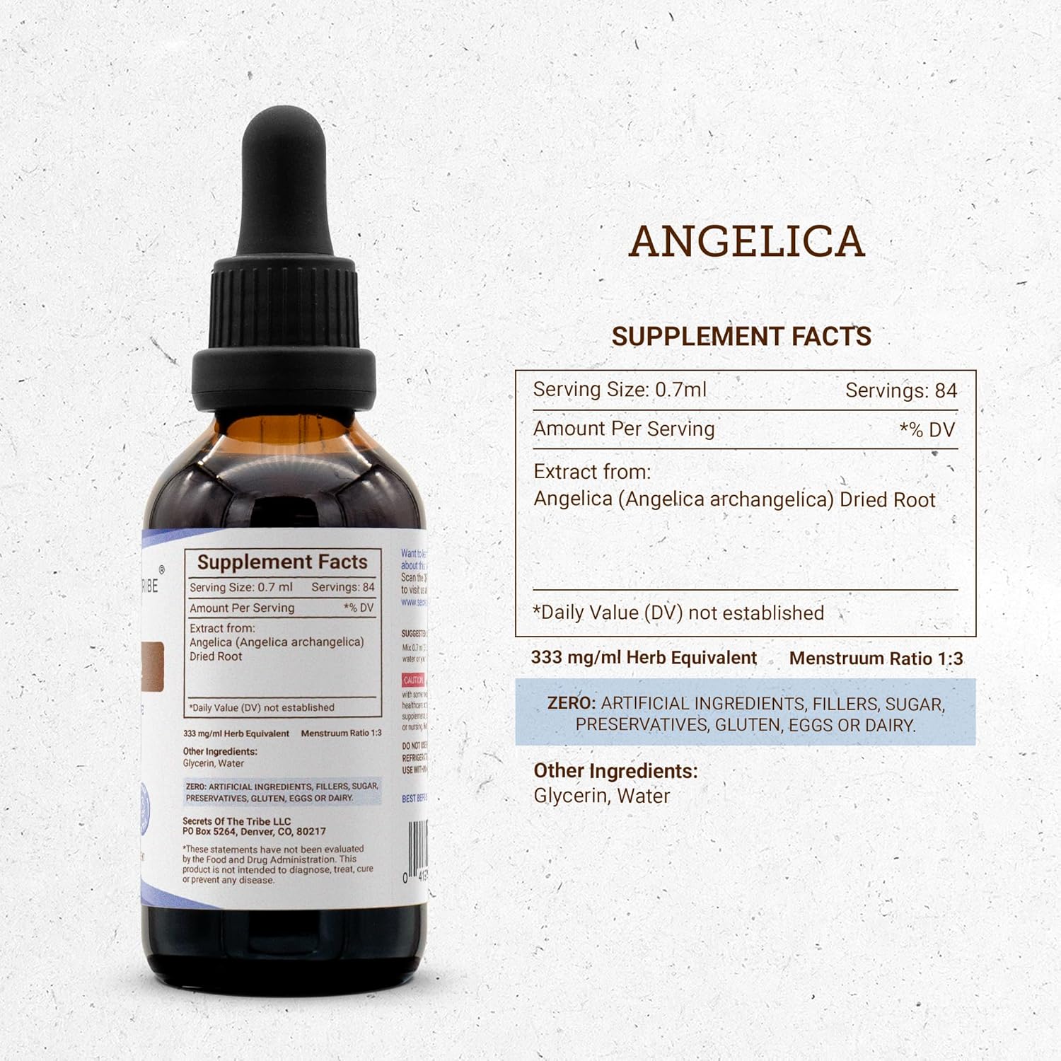 Secrets of the Tribe Angelica Tincture Alcohol-Free Liquid Extract, Angelica archangelica Dried Root (2 FL OZ)