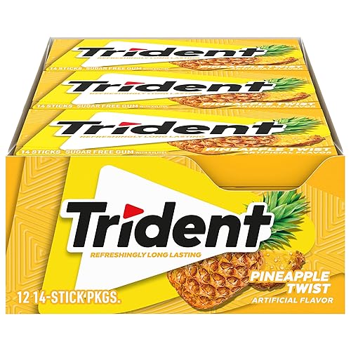 Miniatura 1 de 12 paquetes de 14 unidades cada uno es decir en total son 168 unidades de goma de mascar Trident Pineapple Twist sin azúcar sabor piña