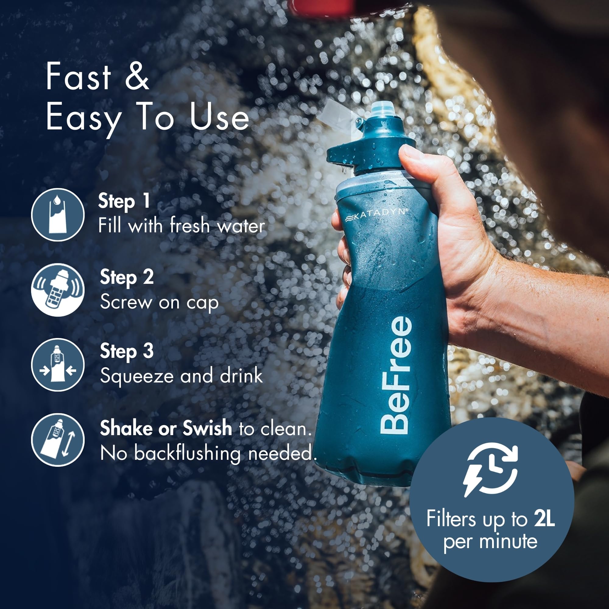 Katadyn BeFree AC 1,0L Azul Pizarra – Filtro de agua ultraligero para actividades al aire libre, camping y aventura, con filtro de carbón activado y Membrana EZ-Clean™ – agua potable limpia, siempre