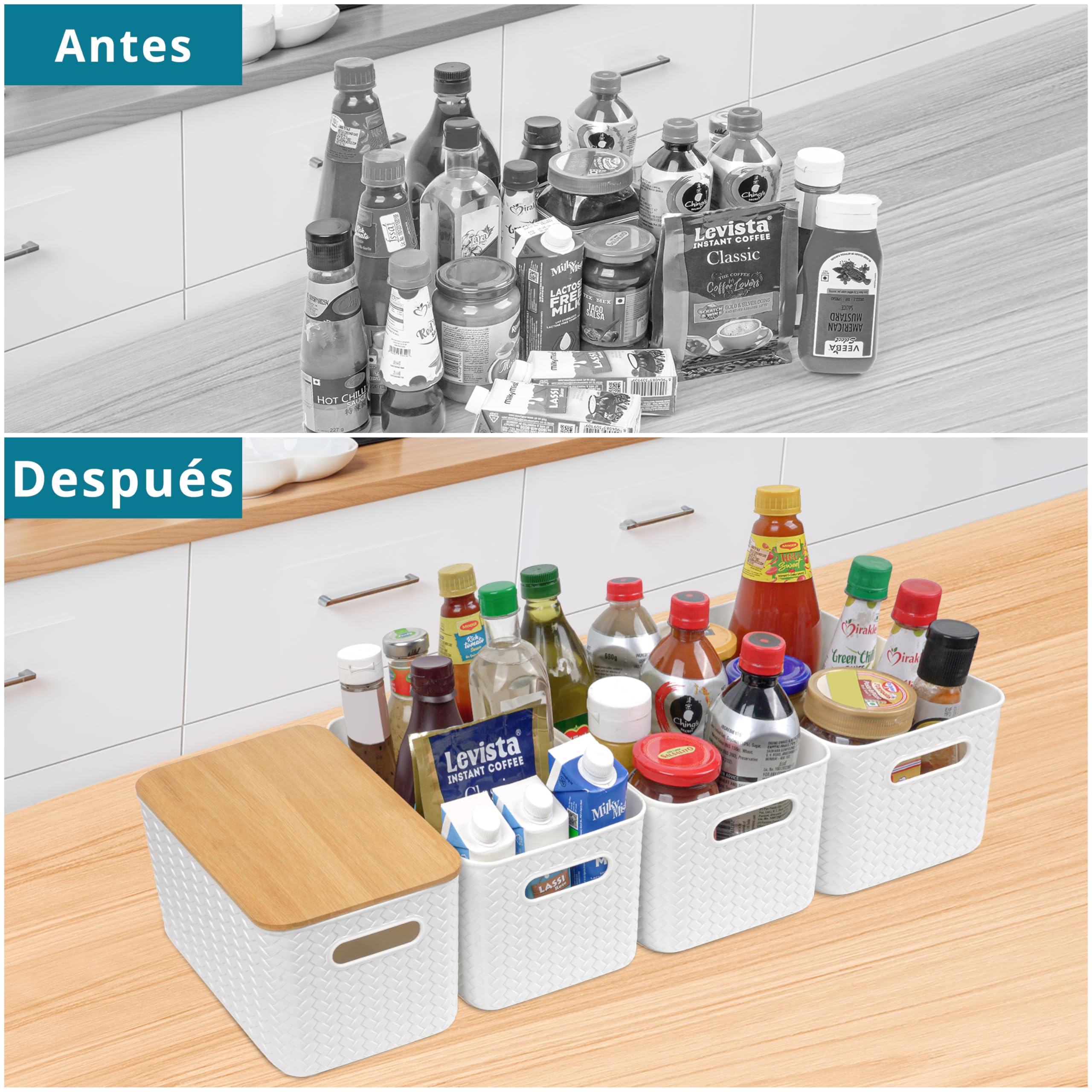 Winter Shore Caja Almacenaje Grande con Tapa de Bambú (Pack de 4) - Cestas Almacenaje de Plástico - Caja Organizadora Decorativa para Escritorio y Oficina - Cajas Apilables de Alta Carga con Tapa