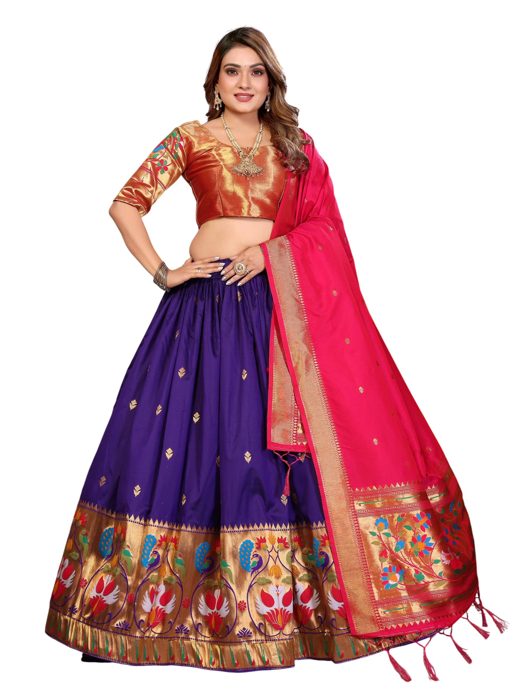 Women's Jacquard Silk Paithani Lehenga Dupatta Choli Set with Peacock & Floral Zari Weaving | Traditional Wedding, Festive & Party Ethnic Lehenga-image-30