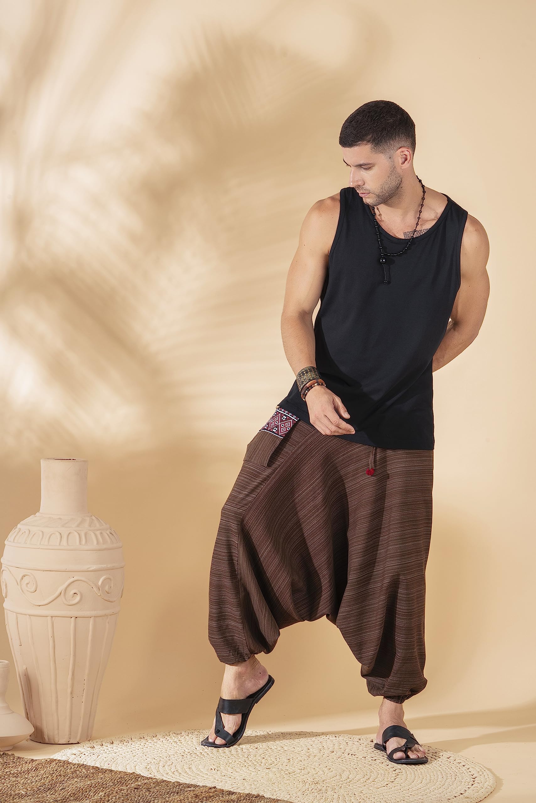 The Veshti Company Cotton Baggy Pants Drop Crotch Harems for Men's Loose Boho Oversized Striped Meditation Yoga Pant with Pocket, Brown - Ravening Wings, L 1