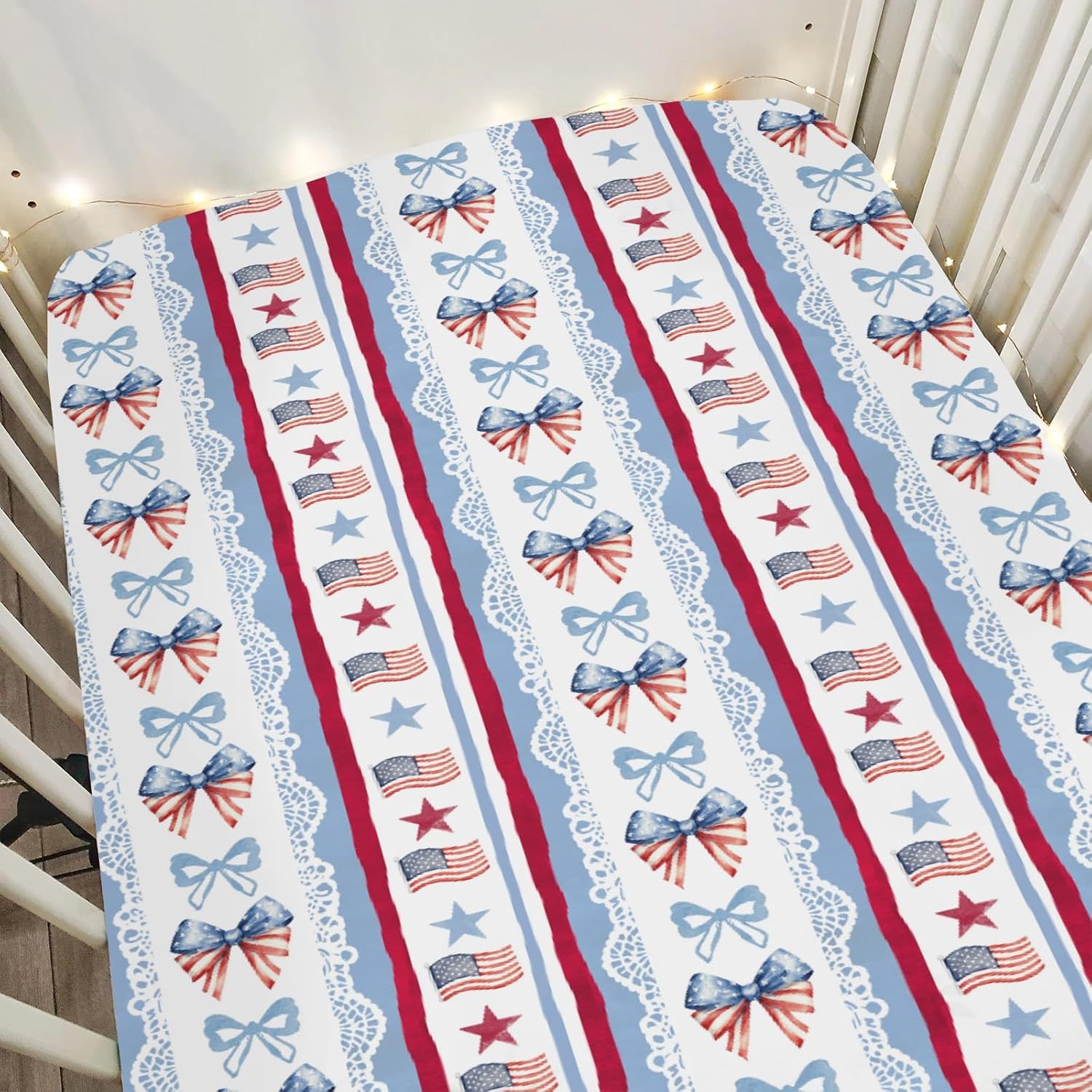 Preppy Patriotic Bows American Flag Baby Crib Sheets for Boy Girl 28"x52" Red Blue Stars Stripes Soft Snug Fitted Crib Mattress Covers Pastel July 4th Baby Sheet for Standard Crib & Toddler Mattress