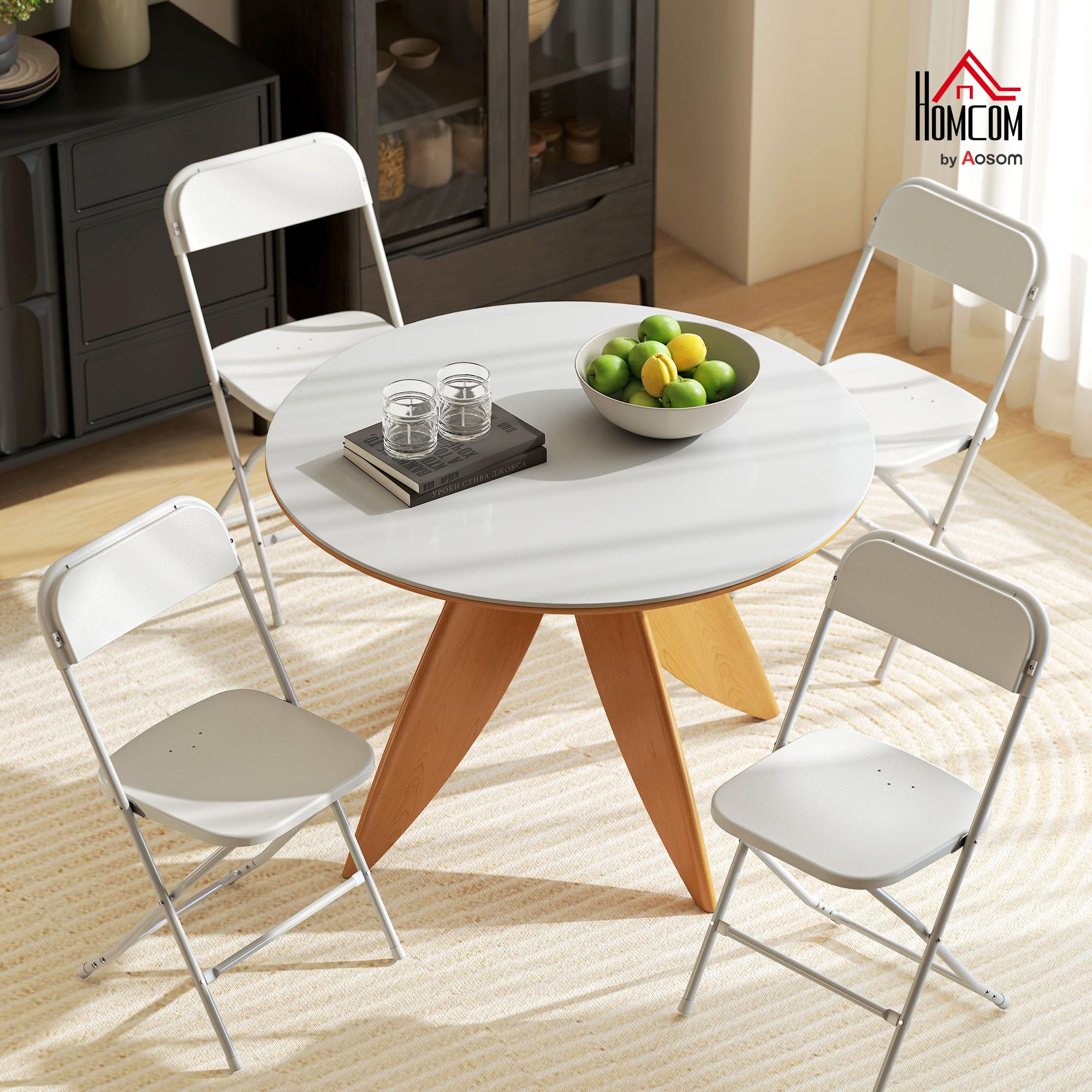 HOMCOM Set di 4 Sedie Pieghevoli in PP con Fori di Drenaggio, Sedie Richiudibili Salvaspazio Portatili in Acciaio, Sedia Pieghevole da Interno per Casa, Ufficio, Cucina, Eventi, 45x49x79.5 cm, Bianco