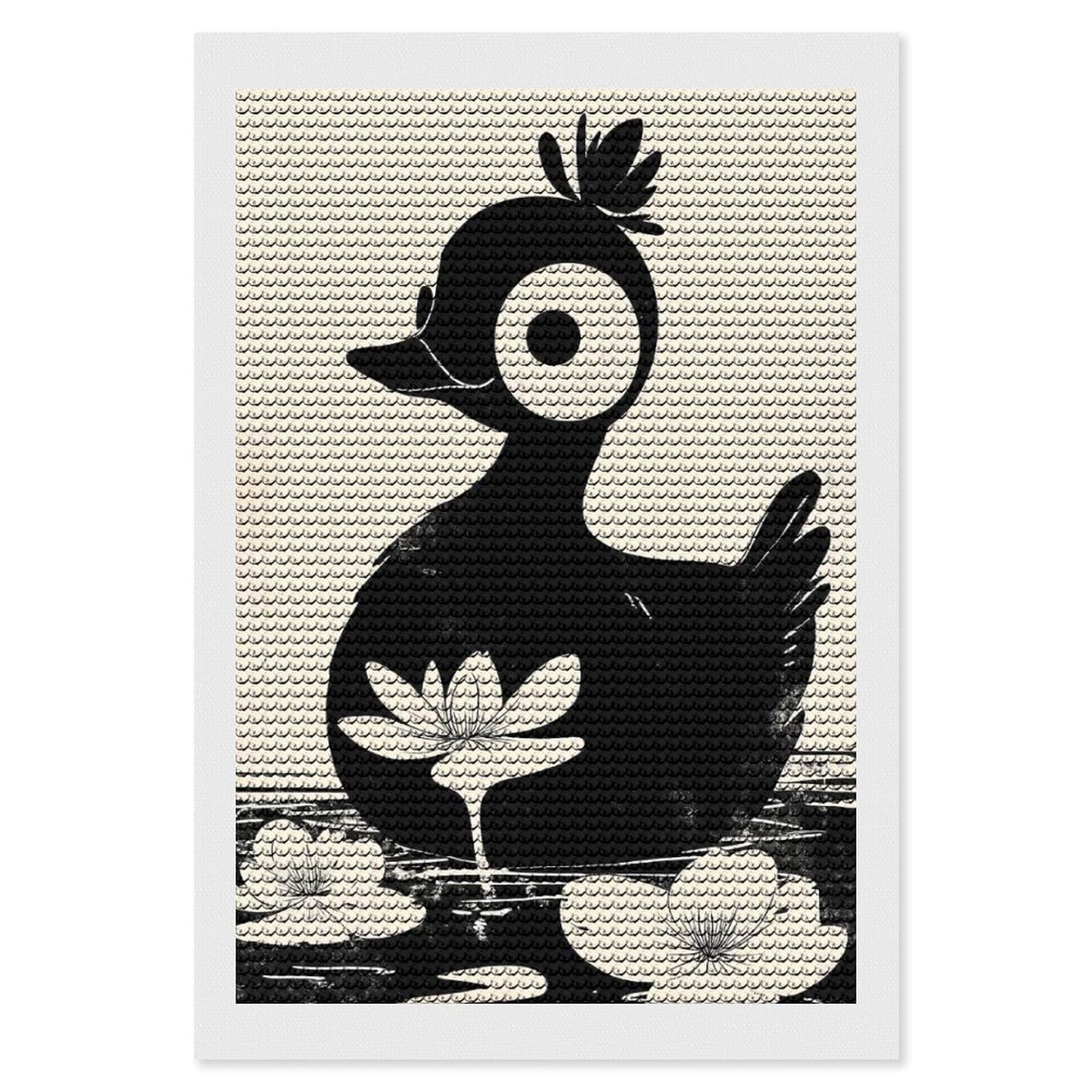 Junmoney Black and White Duck Illustration Diamond Painting Set 8"x12", Stress Relief Craft, Easy to Enjoy, Vintage Style Decor, Festive Craft Gift