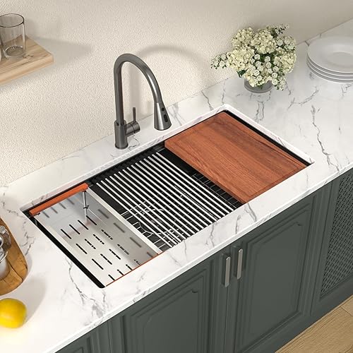 Miniatura 233 de Lordear Fregadero de cocina de montaje inferior de 23 pulgadas, estación de trabajo, fregadero de cocina de acero inoxidable calibre 16, cuenco