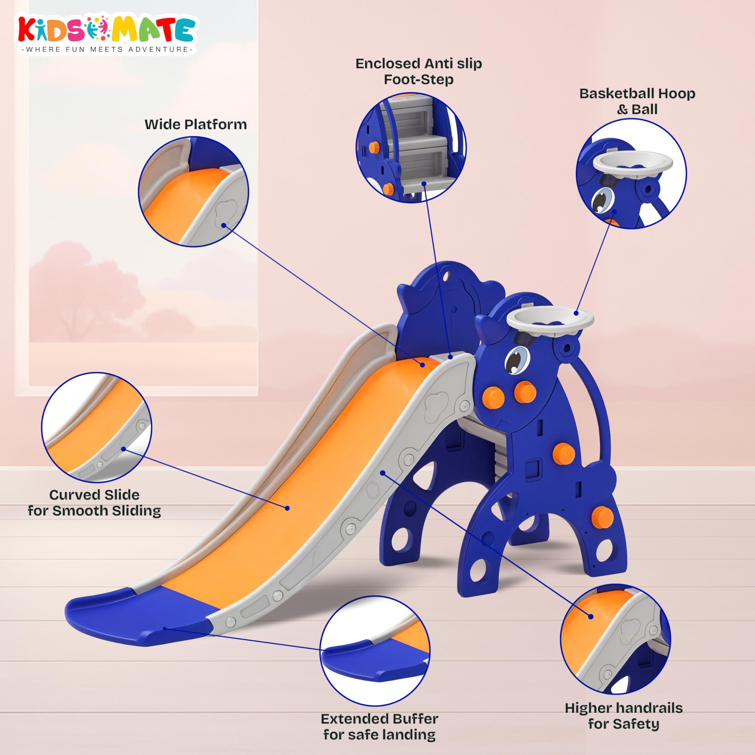 Kidsmate Unicorn Slide for Kids with Basketball Hoop | Baby Slides Indoor Outdoor Playset for Kids 2 Years+ | Safe & Sturdy Slider Toy | Fun Activity Children Sliding for Boys & Girls β Orange 3