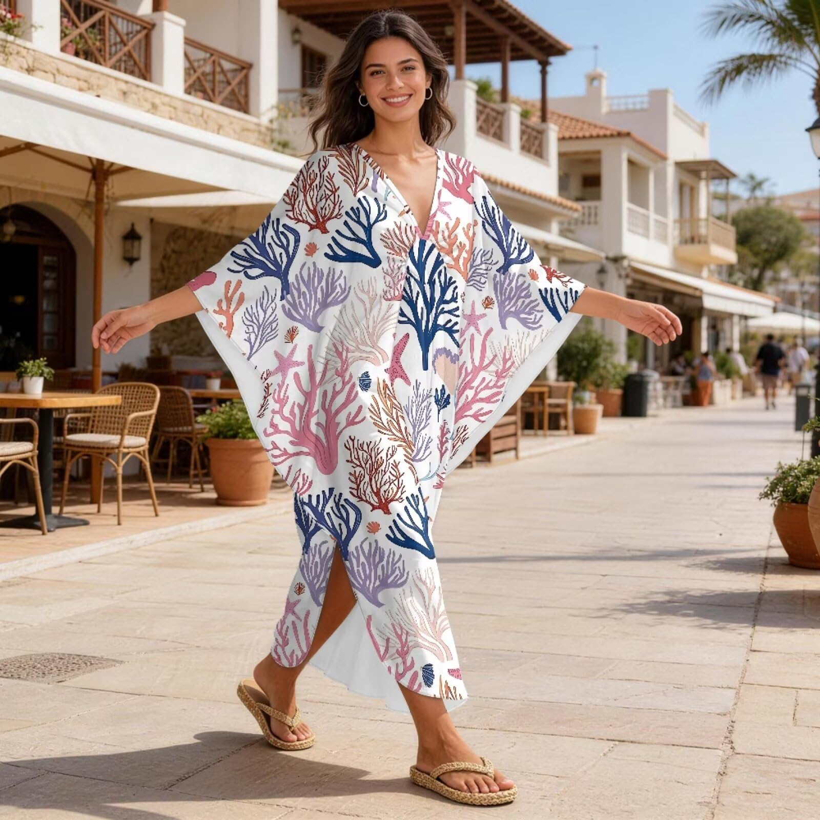 Abito caftano da donna, taglie forti, maniche a pipistrello, abito da spiaggia con scollo a V, vestibilità ampia, copricostume da bagno